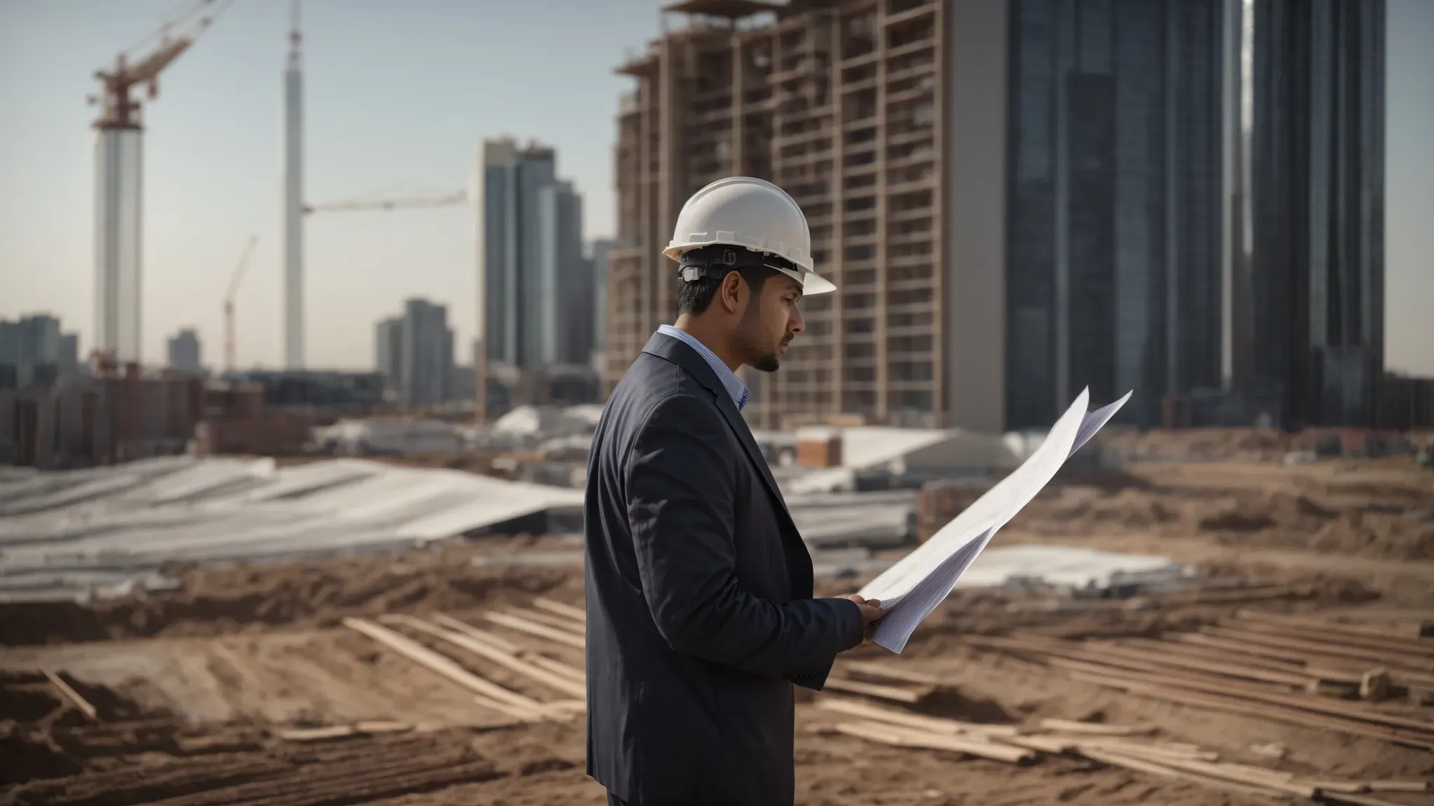 a project manager holds a blueprint while discussing plans on a construction site with the skyline in the background.
