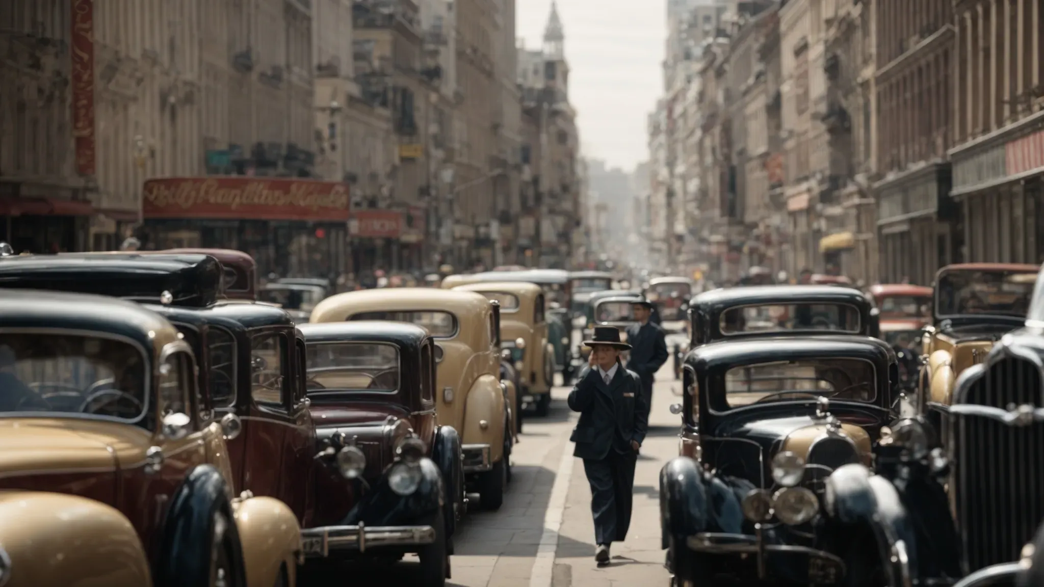 a vintage film camera poised in the foreground, capturing a bustling city street scene, evoking the raw essence of cinéma vérité.