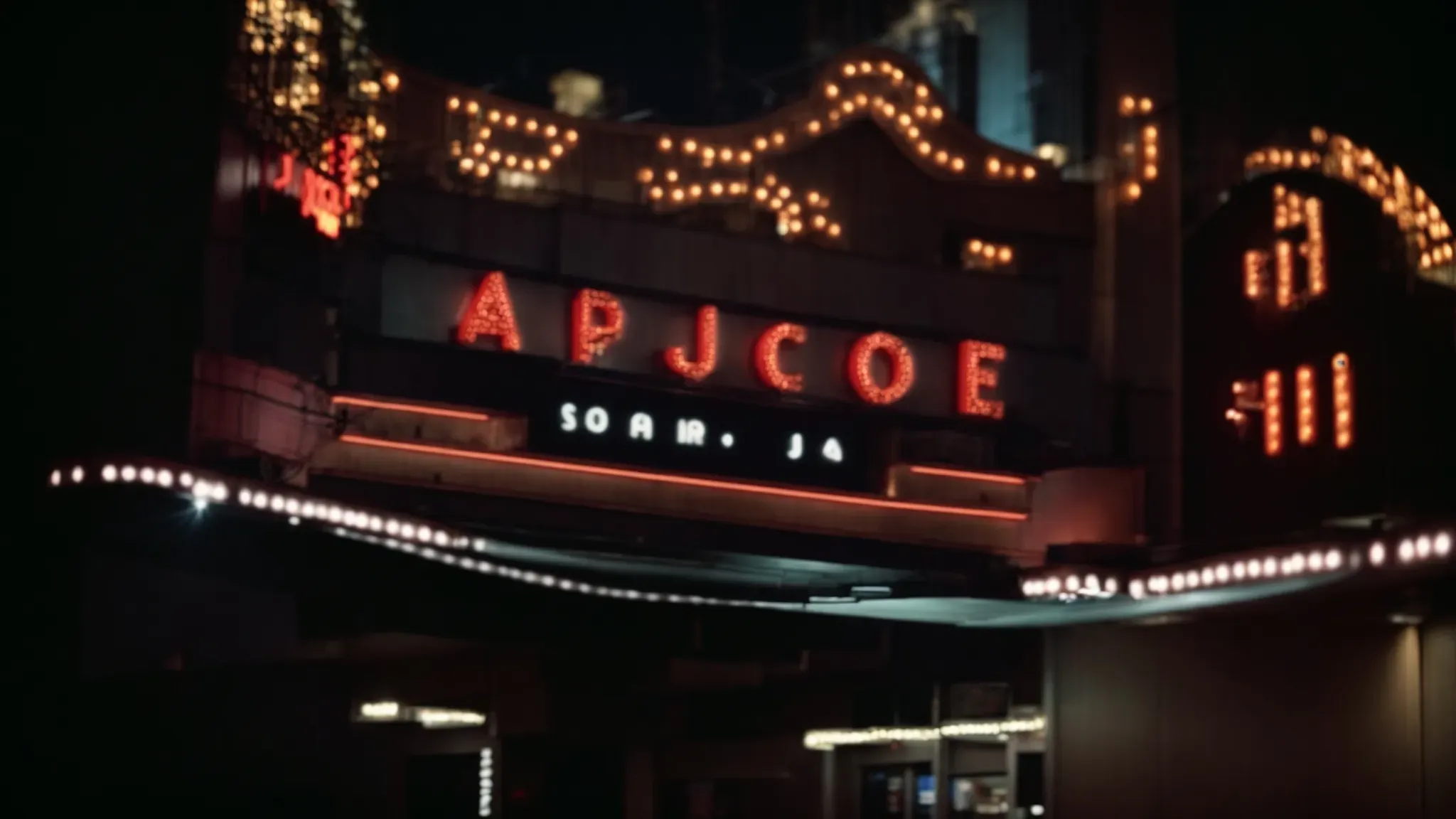 a retro theater marquee lights up the night, hinting at a dicaprio feature within.
