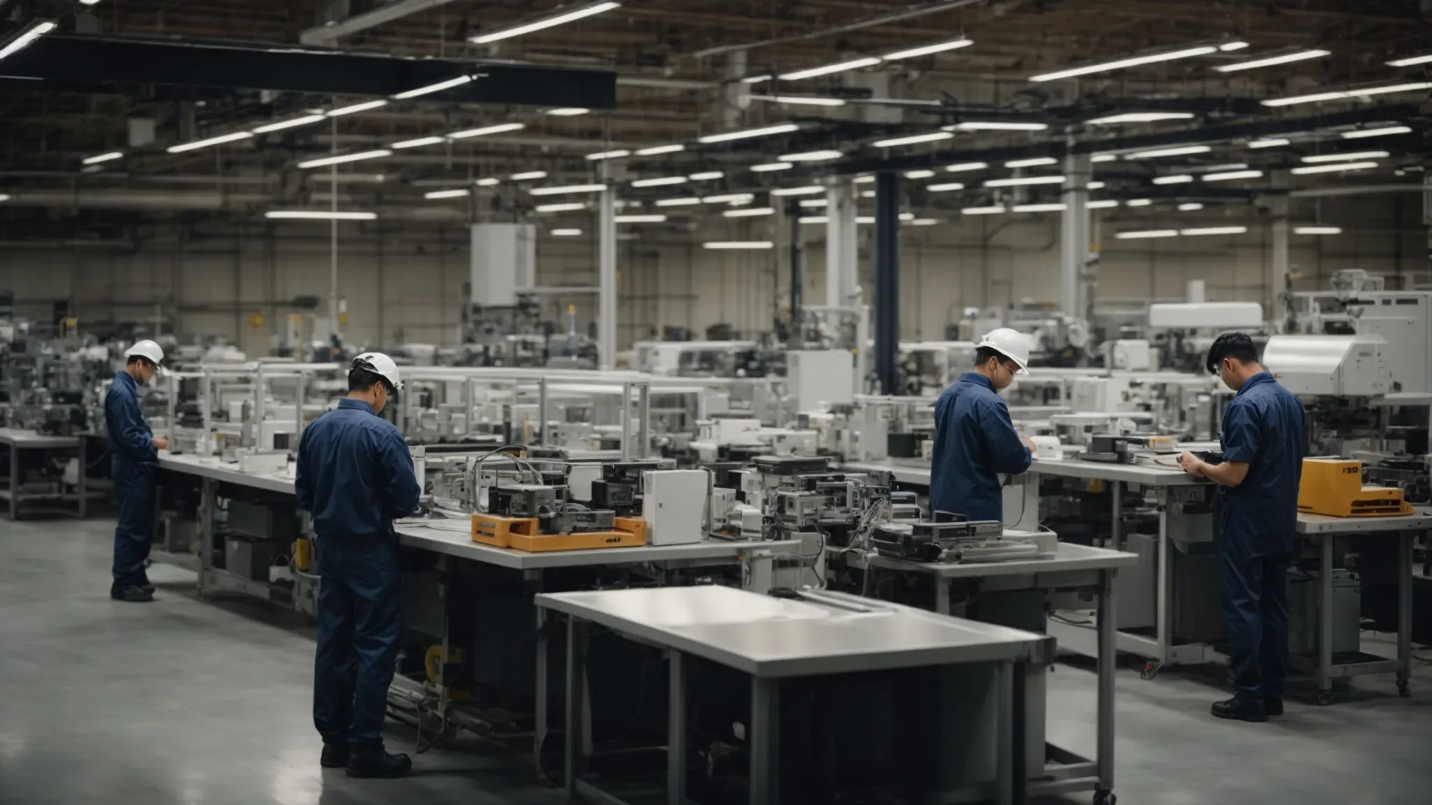a wide, bustling factory floor with employees at various workstations and a person in the foreground overseeing operations with a clipboard.
