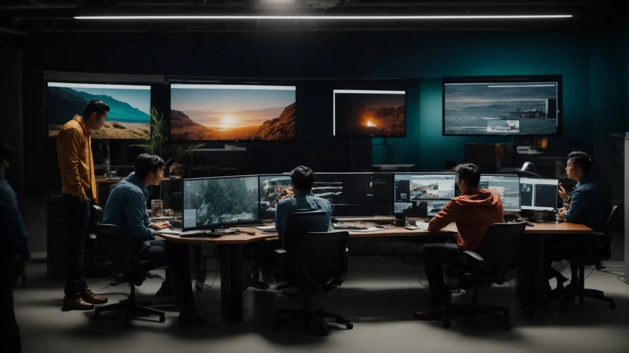 a team of creatives brainstorming around a large monitor, displaying vibrant video footage.