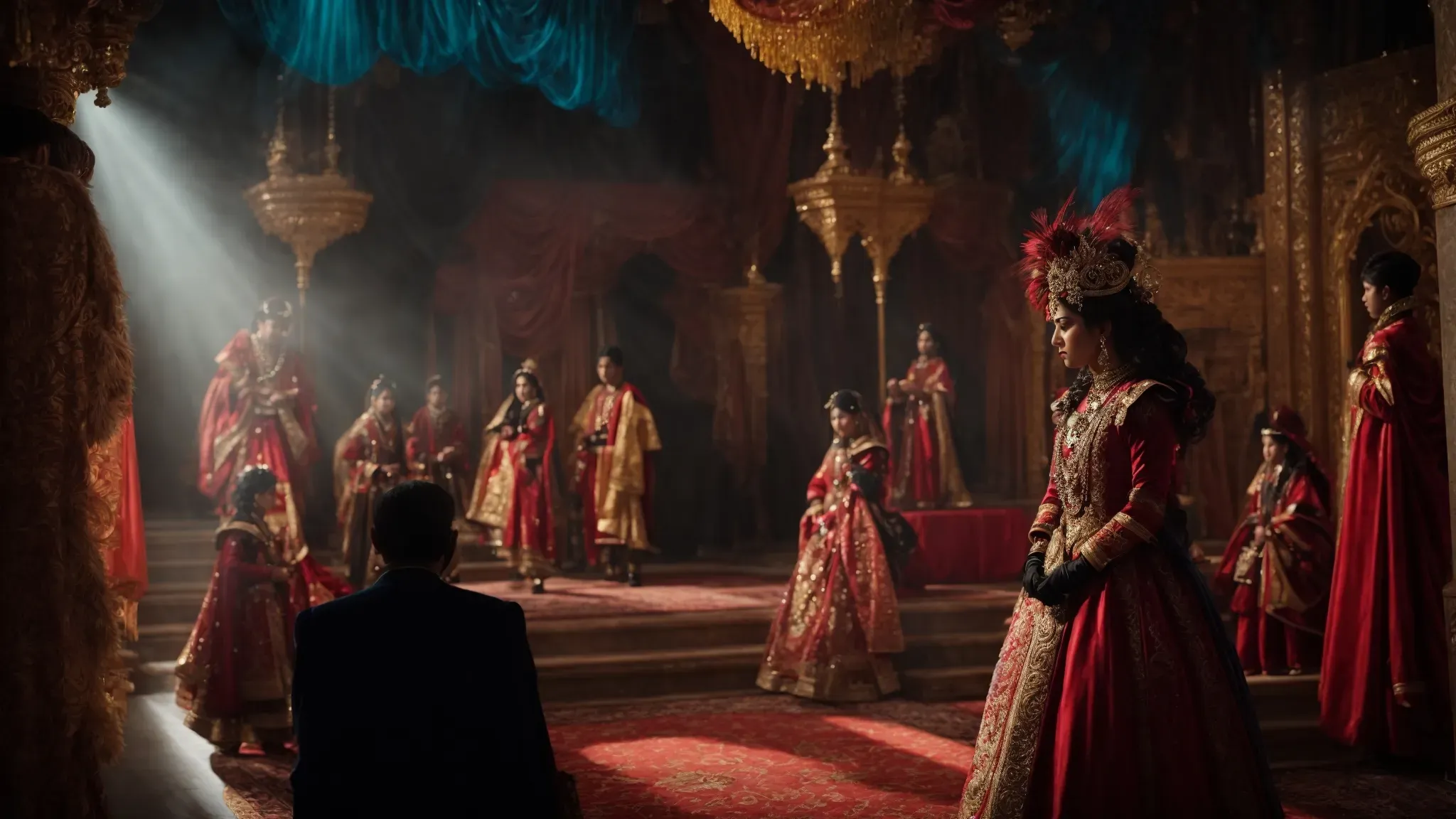 a director surveys a vividly lit set with sprawling, elaborate costumes arranged against a backdrop that melds color and shadow into a compelling tableau.