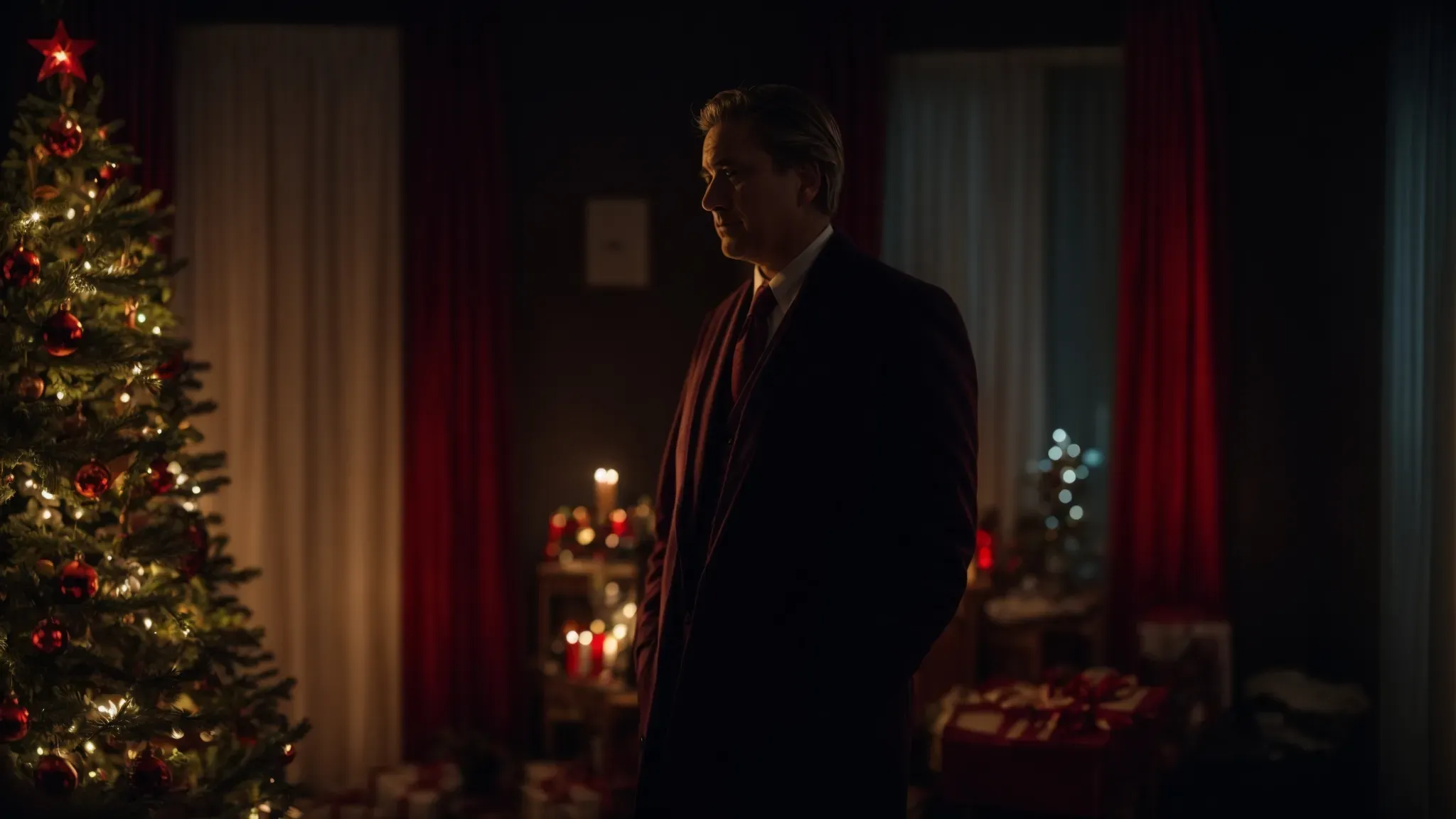 a director stands contemplatively on a christmas-themed horror film set, with eerie holiday decorations bathed in shadowy light.