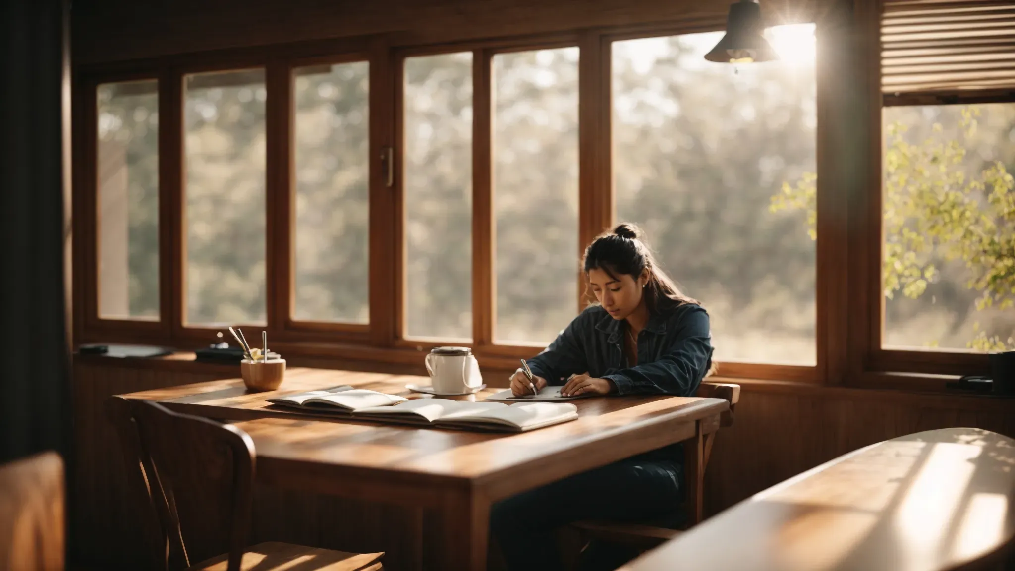 a sunlit room where two people sit across from each other at a wooden table, with one notebook open between them.
