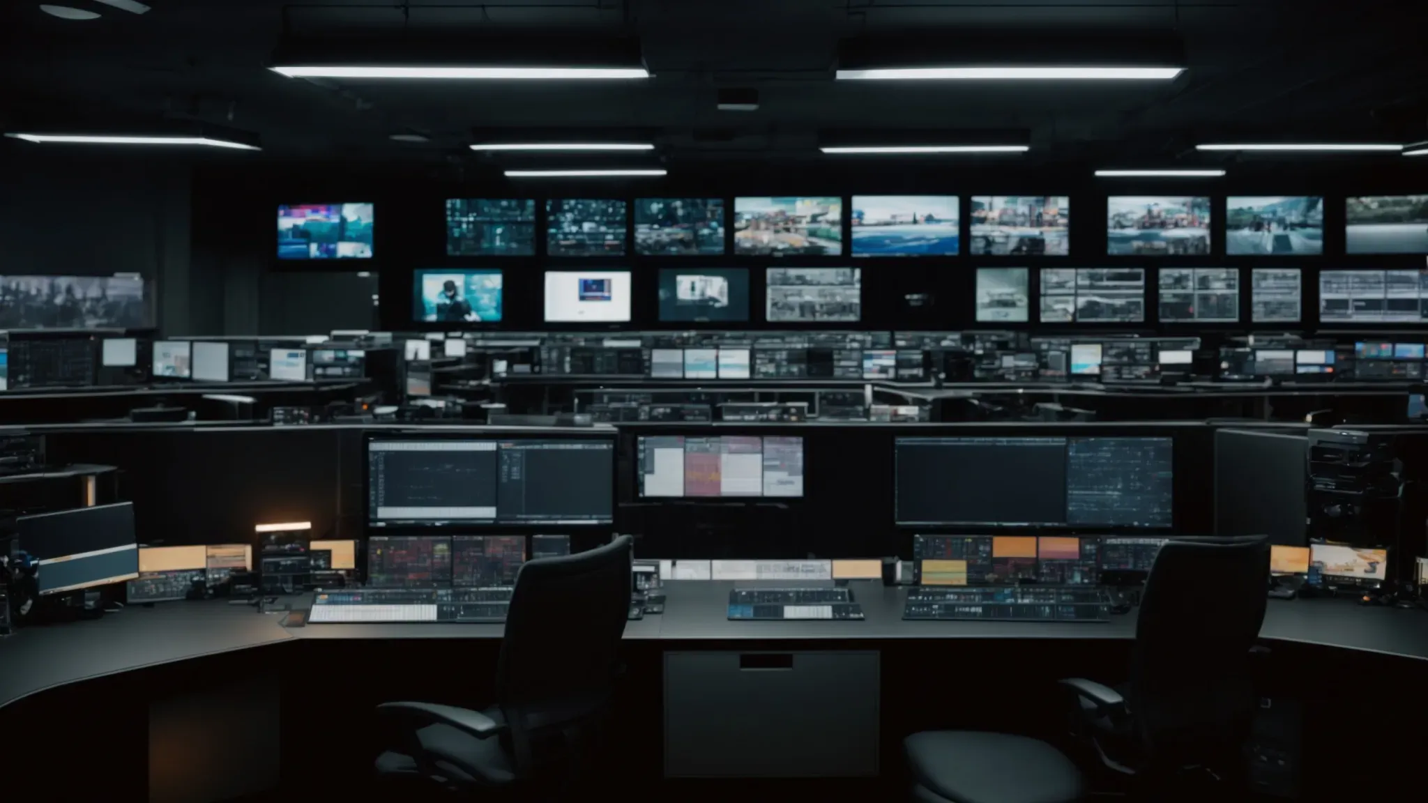 a bustling post-production studio filled with screens displaying various film sequences and an individual coordinating tasks amidst editing equipment.