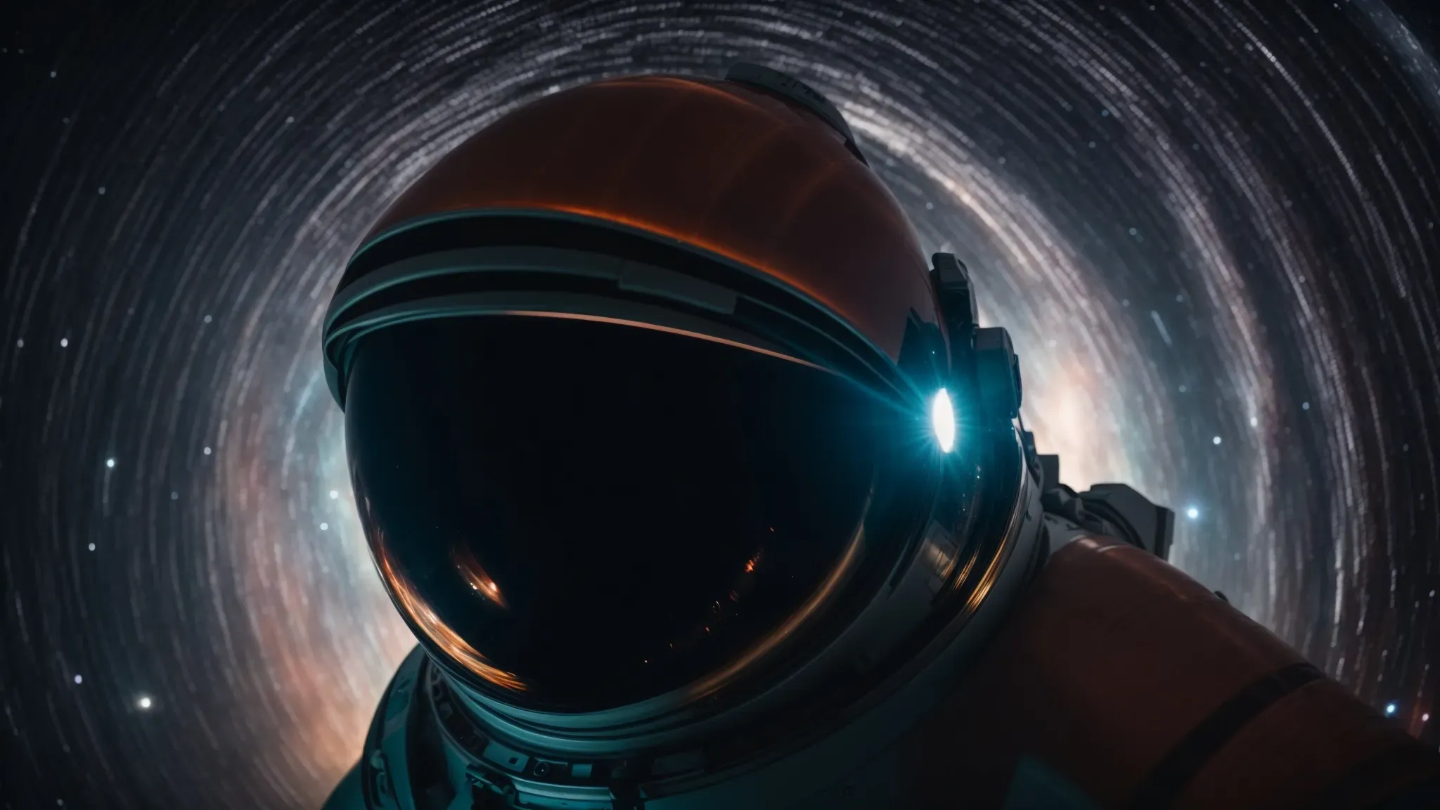 an astronaut gazes upon a distant, swirling wormhole suspended in the starlit cosmos.