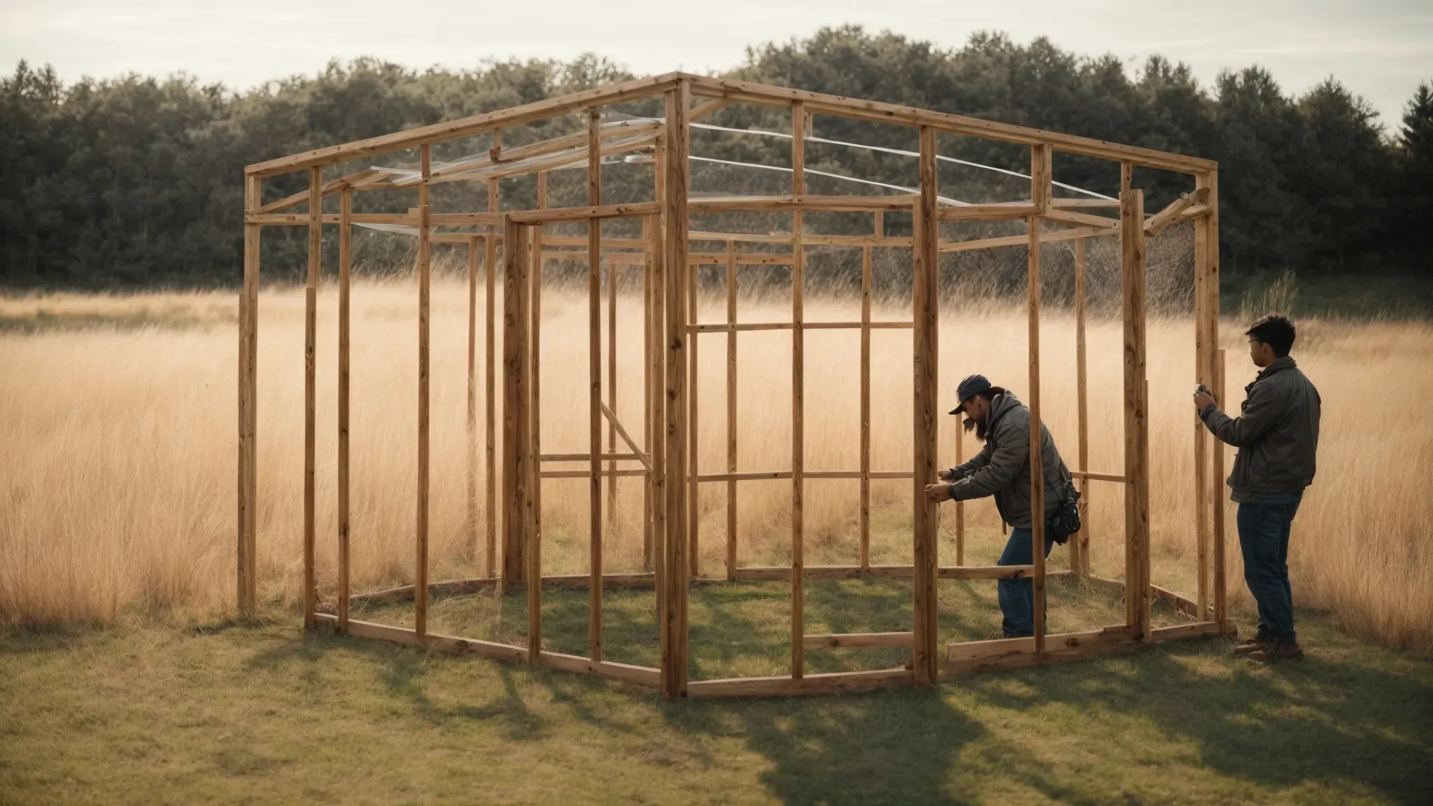 a person constructs a sturdy wooden aviary frame amidst a grassy field under a clear sky.
