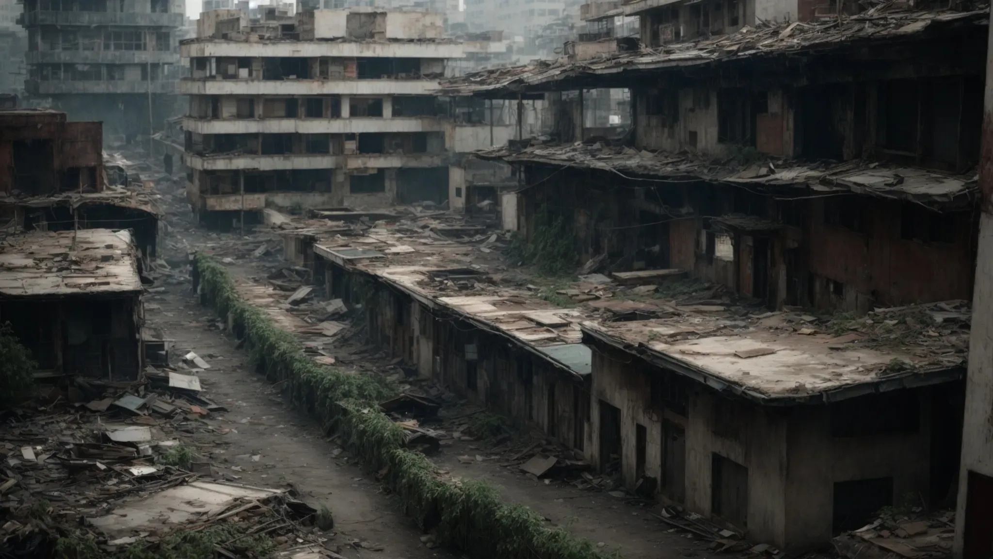 a dystopian cityscape overshadowed by decay, hinting at a future shaped by the remnants of time travel and chaos.