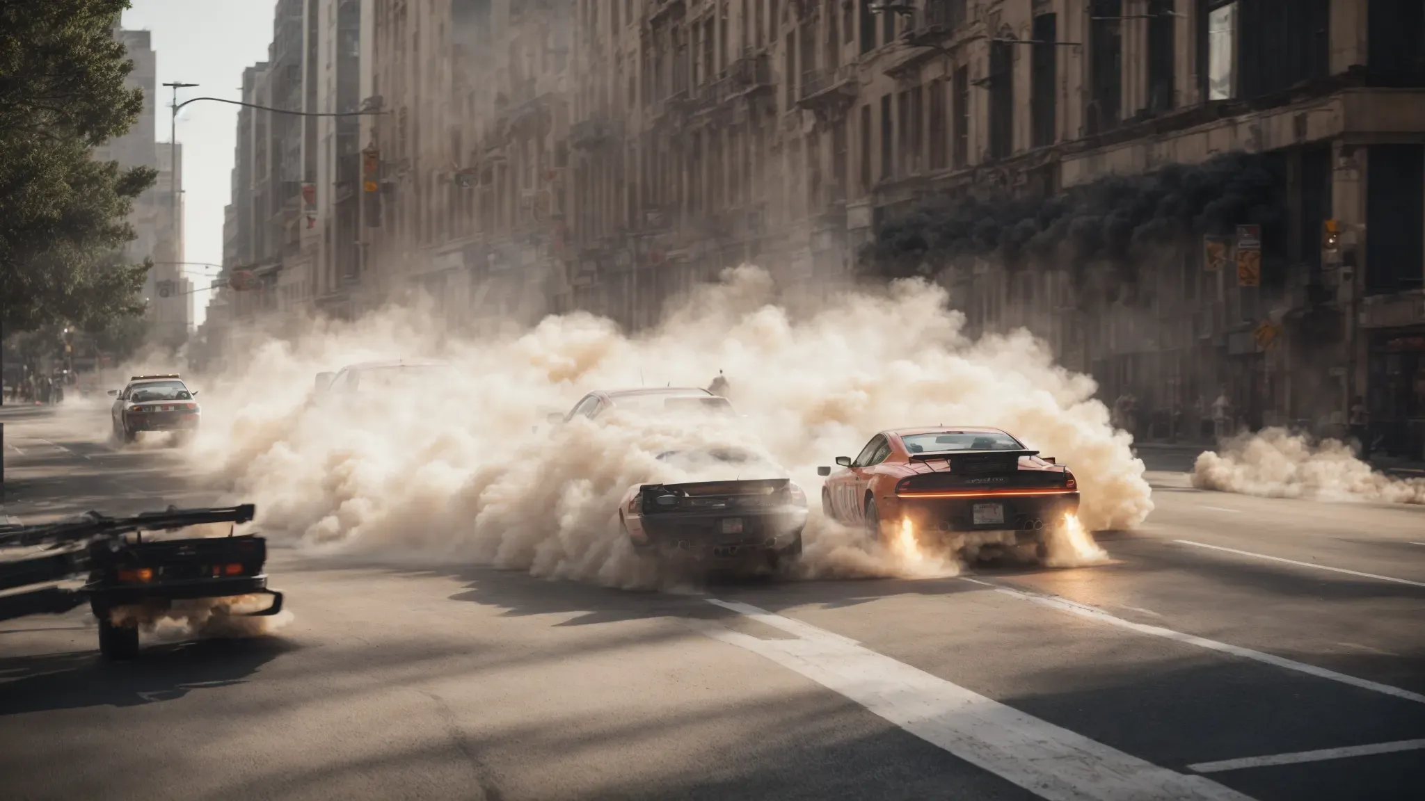 a high-speed car chase scene on an empty city street with professional stunt vehicles weaving through obstacles.