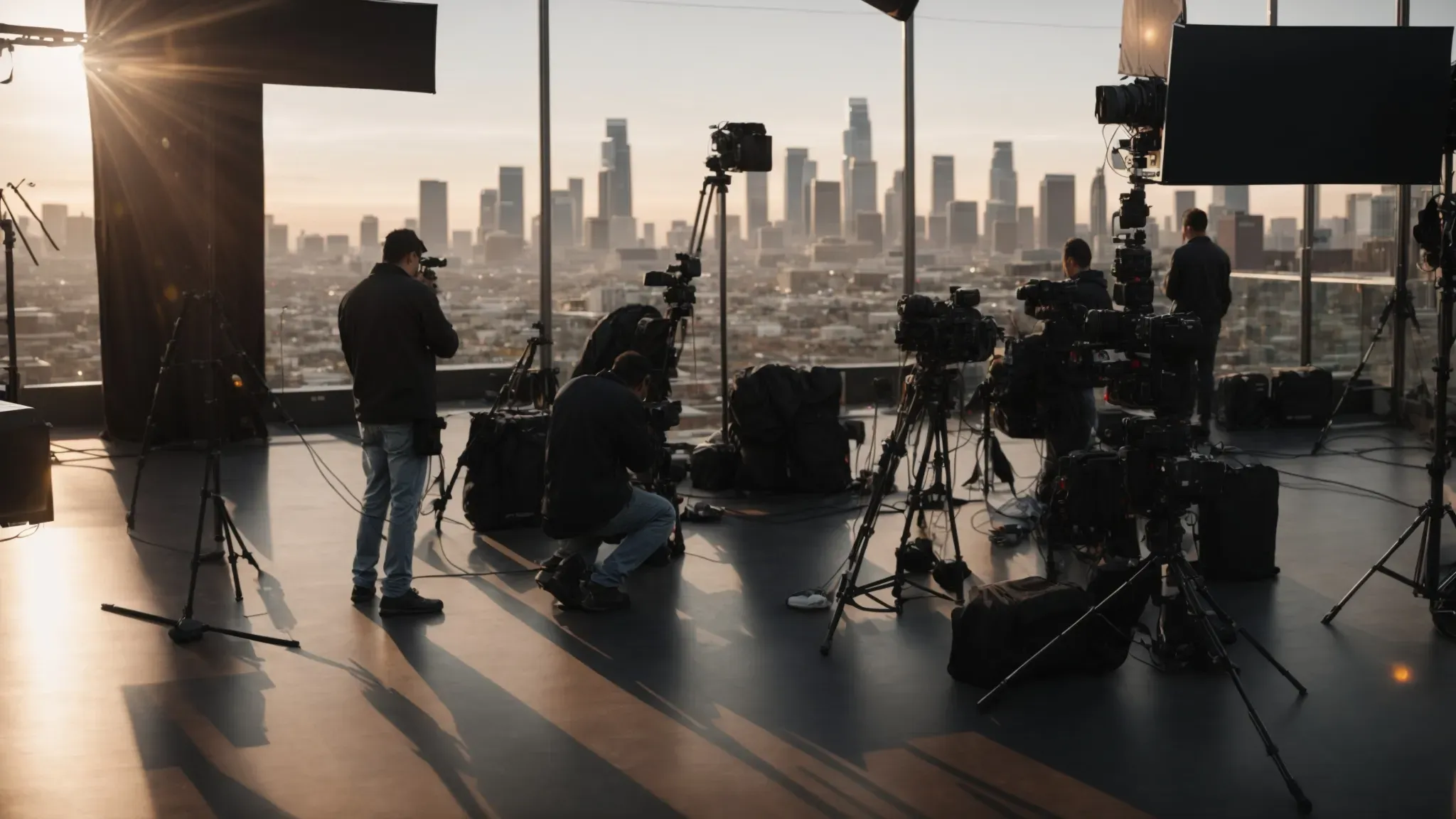 a film crew setting up a sleek, modern set in the heart of los angeles, with the glowing city skyline in the background.