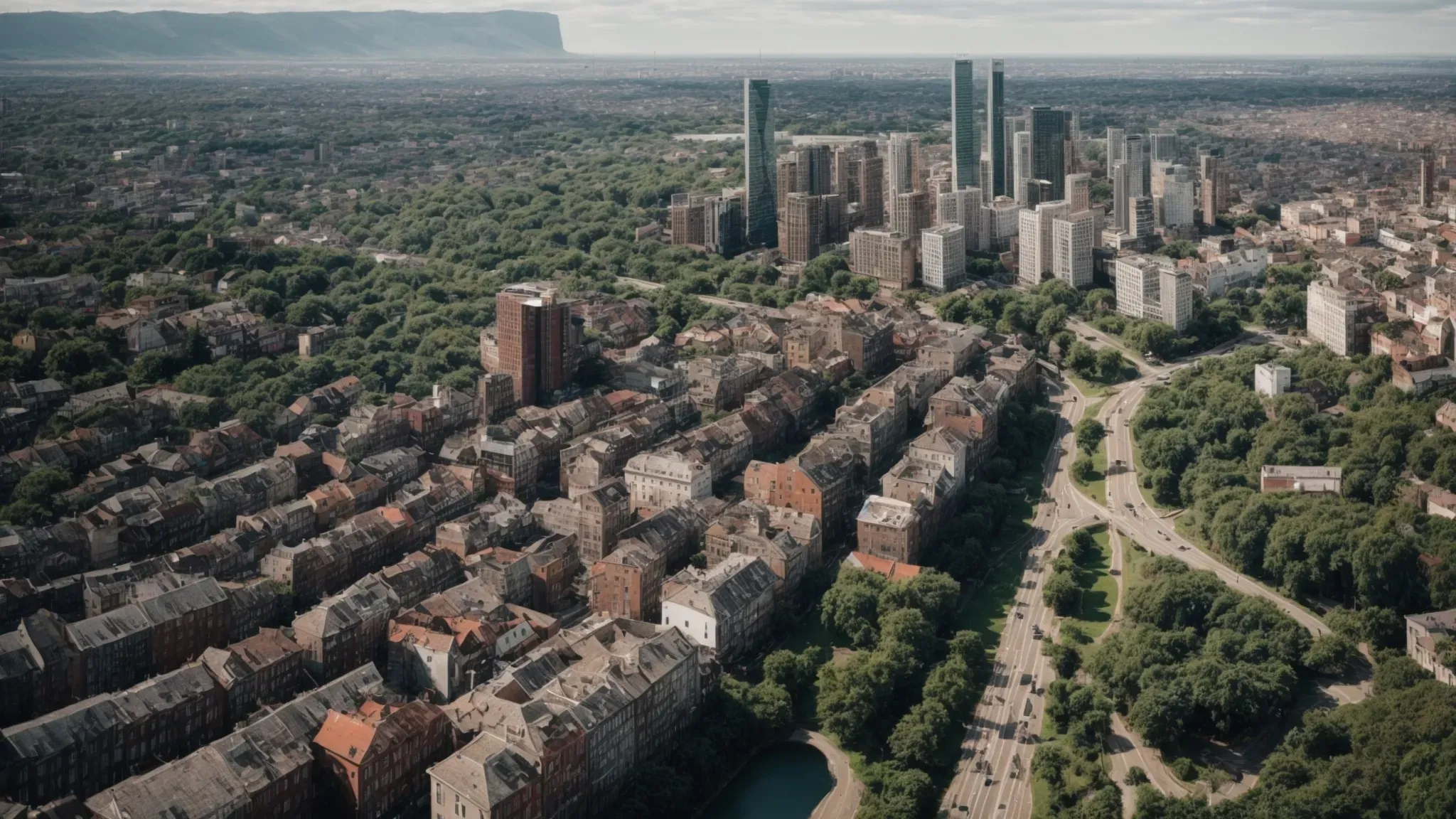 a panoramic shot of a city skyline merging into a sprawling countryside, illustrative of a film's varied shooting locations.