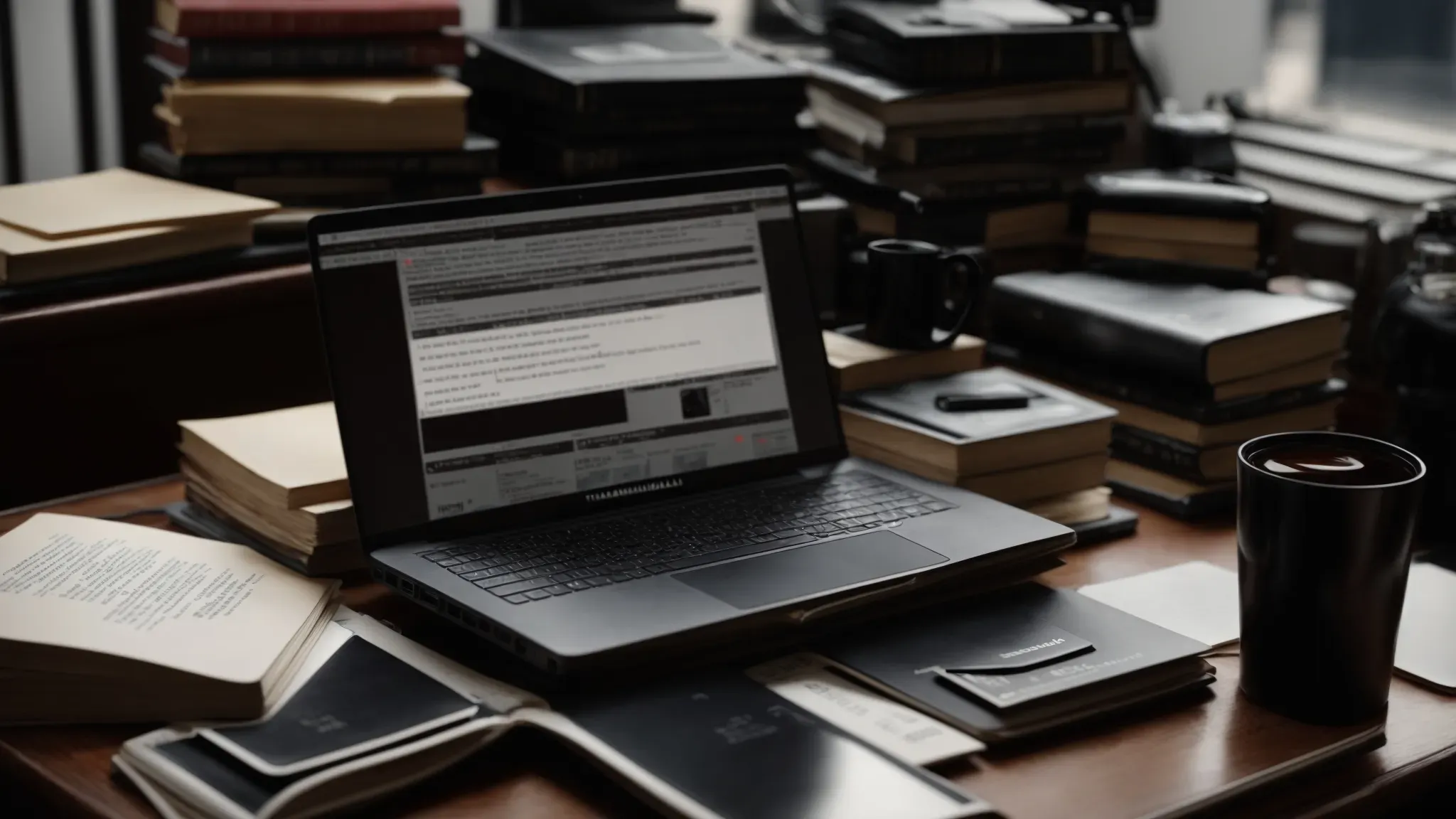 a laptop open to a screenplay writing software placed on a desk surrounded by books on screenwriting and a film clapperboard beside it.