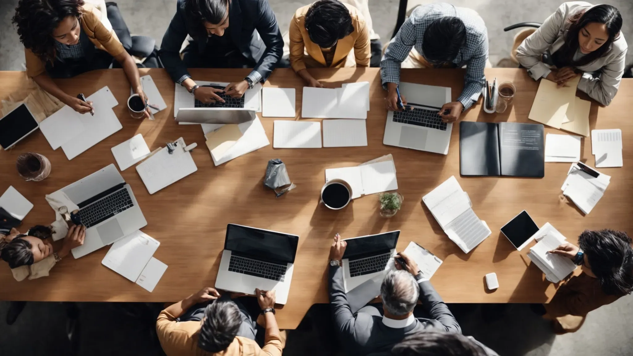 a diverse group of professionals engaged in a collaborative brainstorming session around a large table, with digital devices and notes, symbolizing a dynamic content team at work. Explore Saturation.io