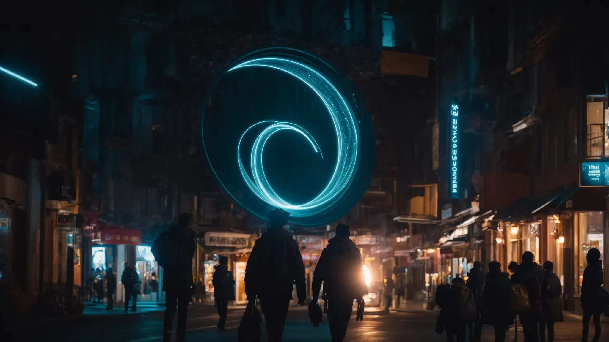 a glowing portal opens in a bustling city at night, revealing silhouettes of new heroes poised for adventure.