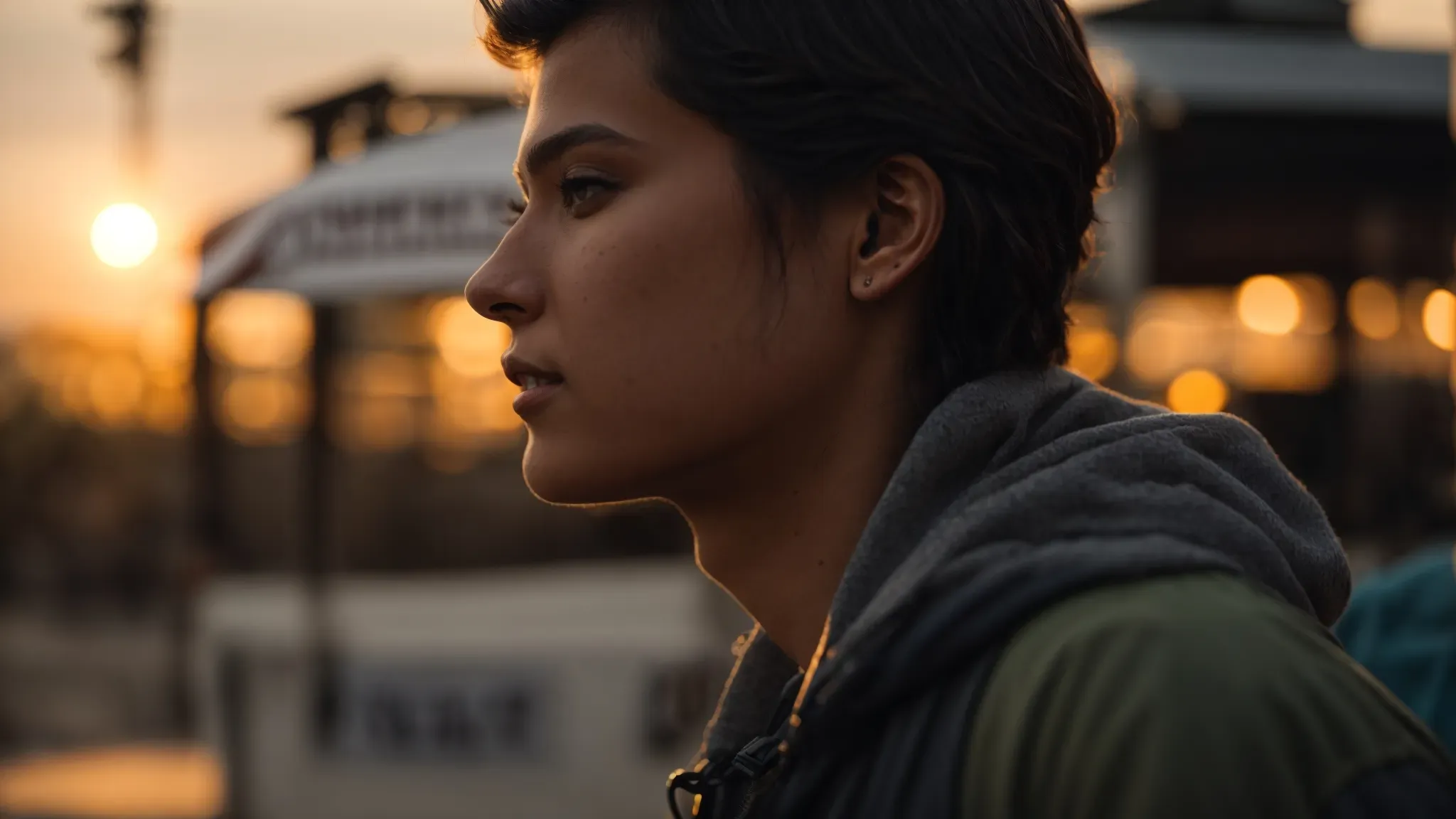 a young filmmaker, framed by the glow of a sunset, passionately directs a scene on an indie movie set.