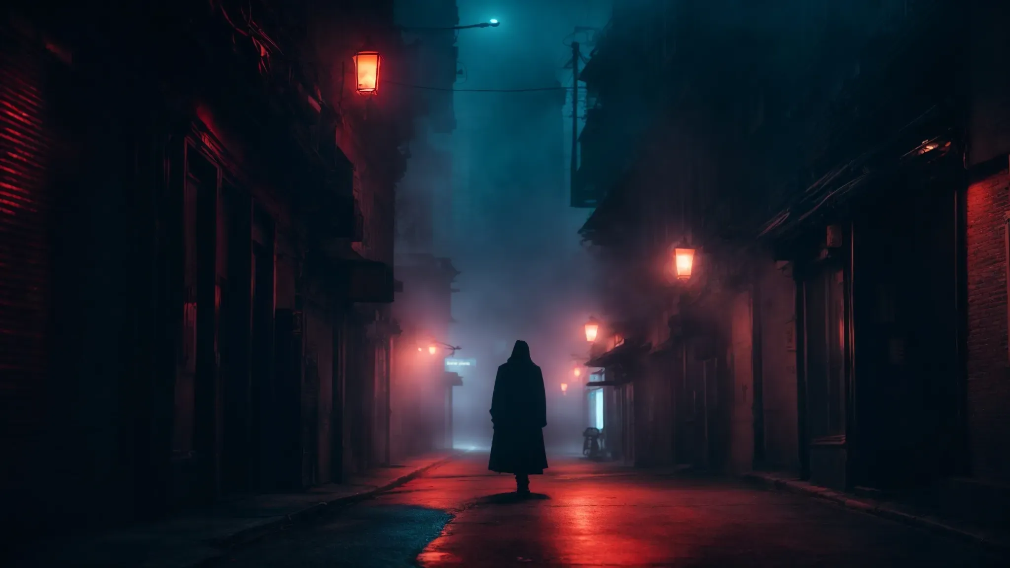 a vampire emerges from the shadows of a neon-lit city alley, cloaked in the dense fog of a chilly night.