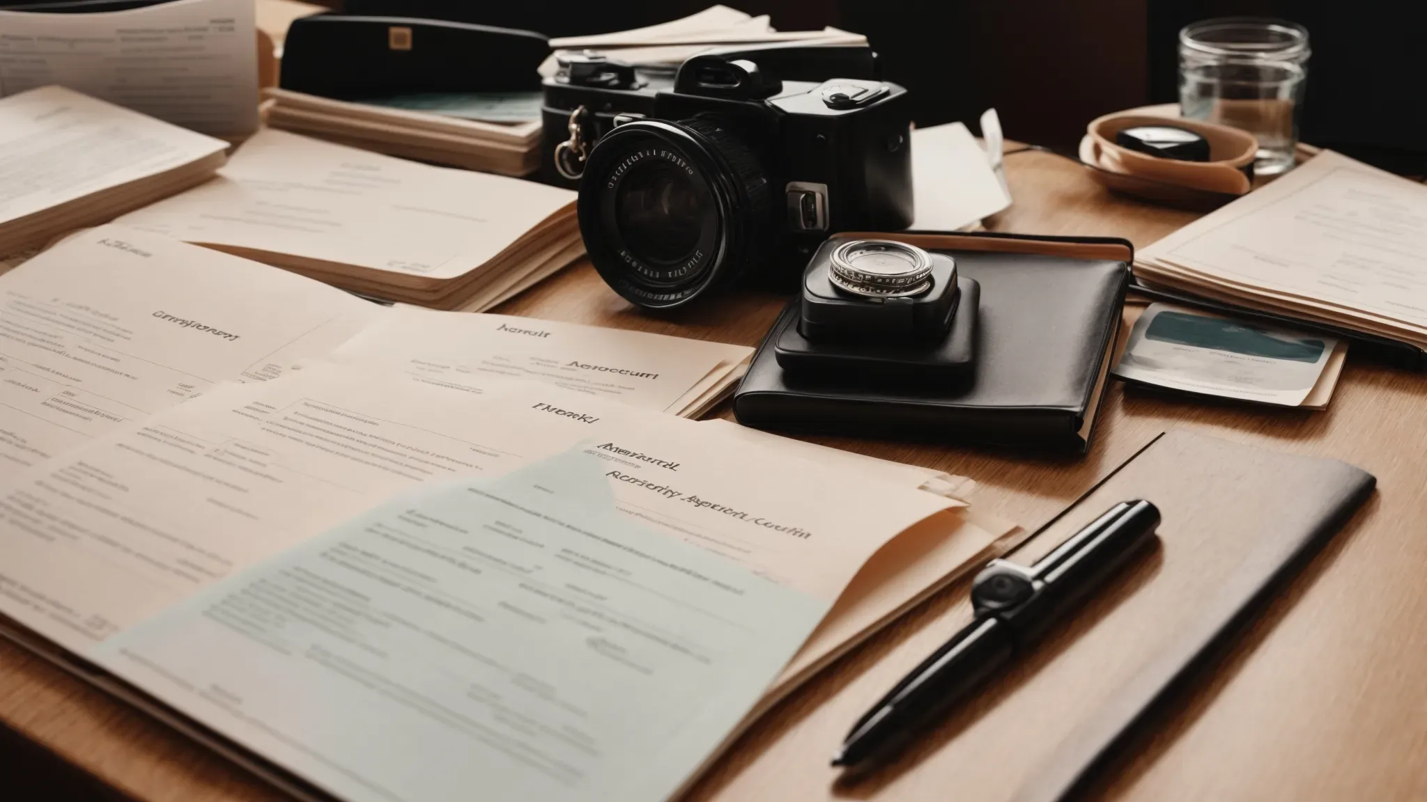 a neatly arranged desk with various forms, a social security card, and employment records laid out for review.