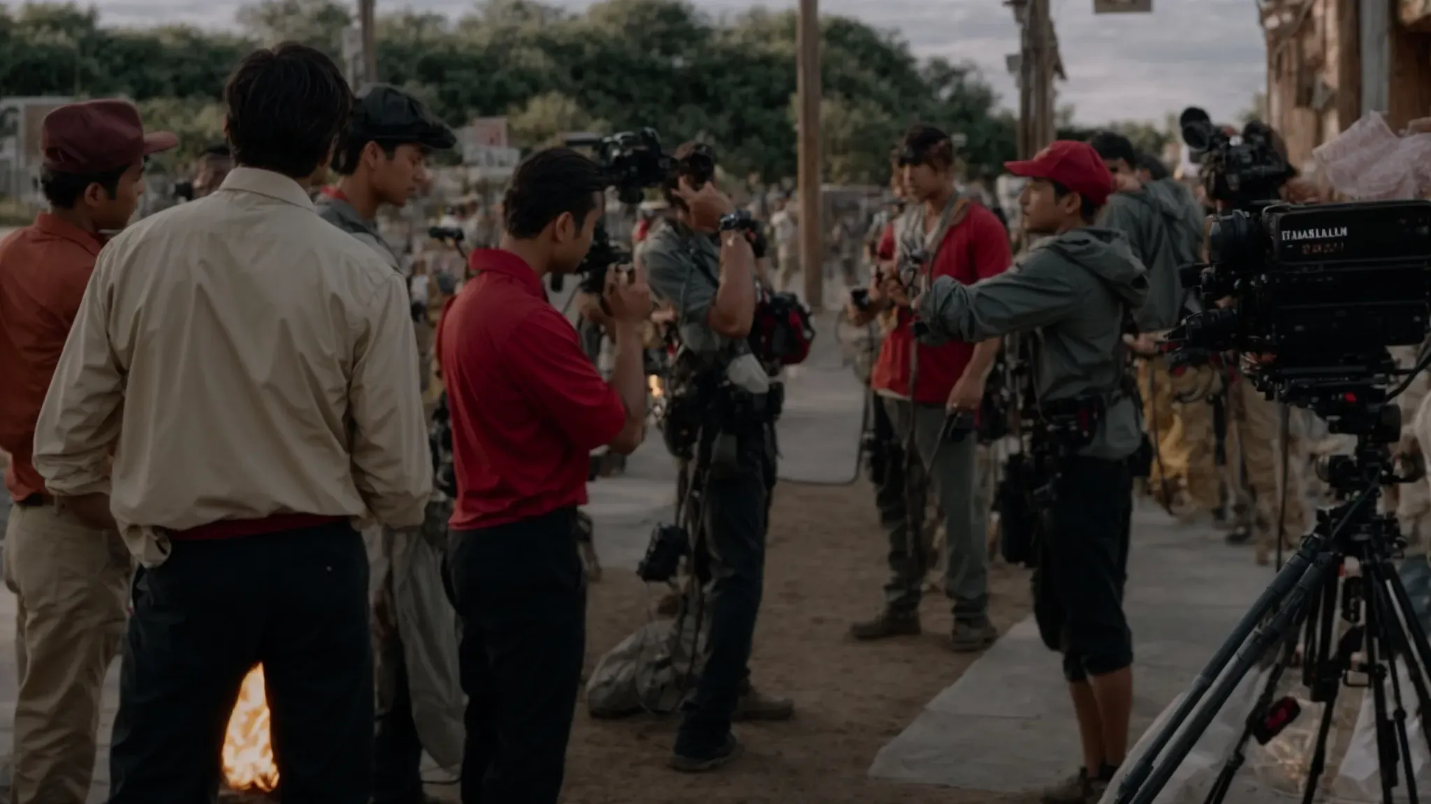 a film crew gathers around as the director claps a tail slate after a scene is shot, marking the end of the take.