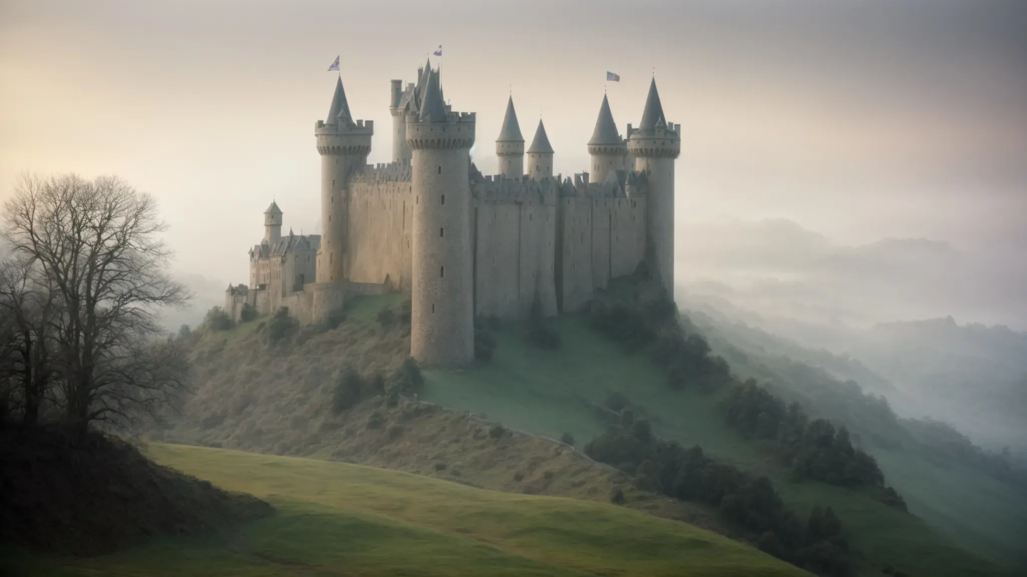 a castle towers over a misty landscape, embodying the whimsical yet medieval essence of 