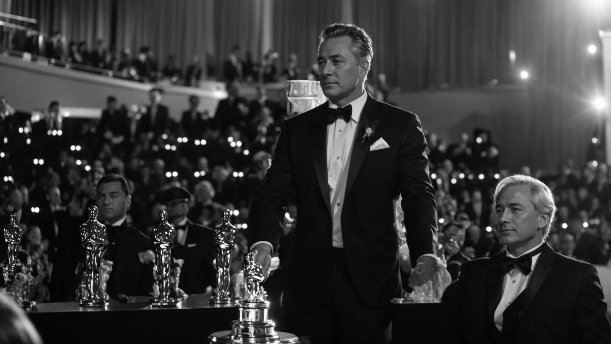 a distinguished actor, in a moment of exaltation, clutching the prestigious oscar statuette on the luminous stage of the academy awards.