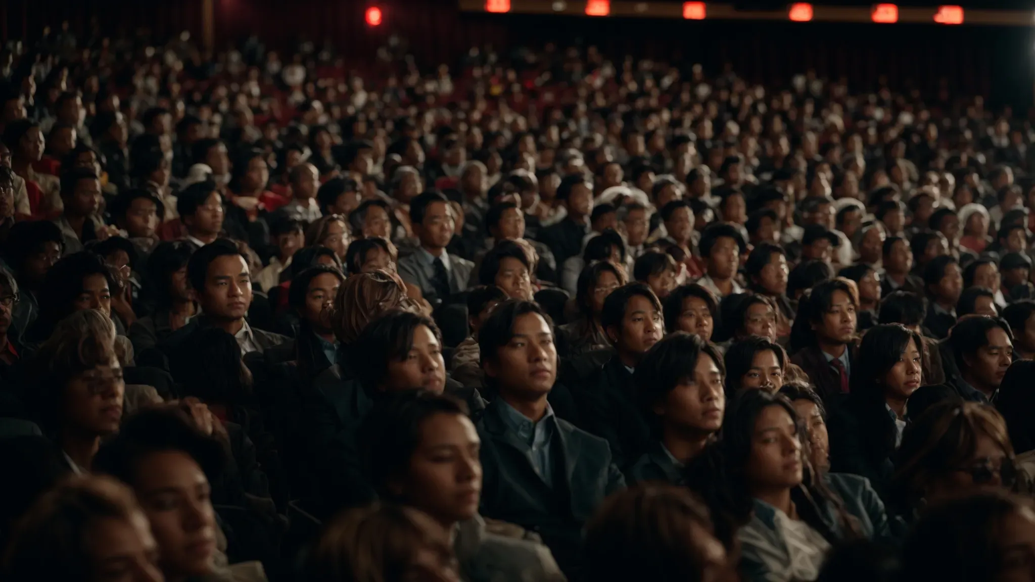 a packed movie theater with an audience deeply engrossed in a biopic film being screened.