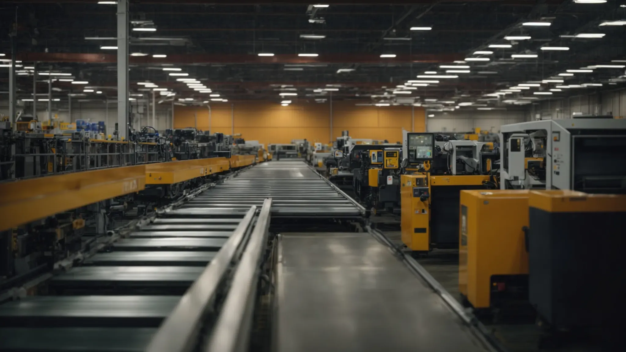 a warehouse bustling with activity as automated machinery efficiently sorts and packages products under the watchful eye of a centralized control system.