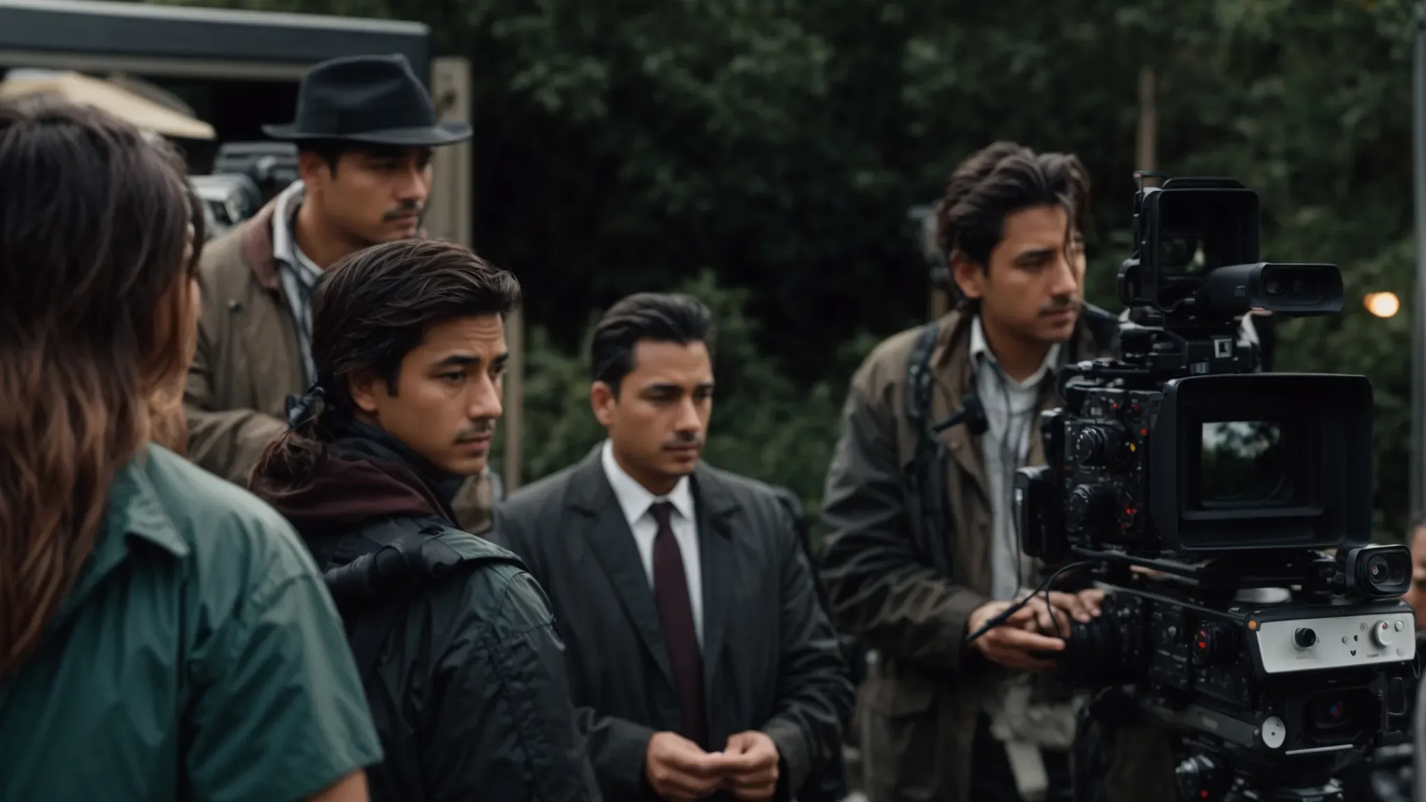 a director and crew intently focused around a camera monitor on a bustling movie set.