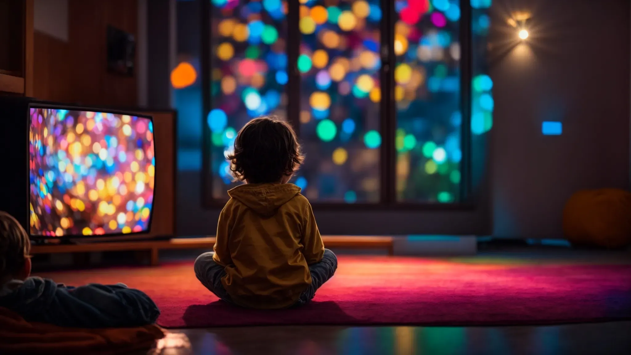 a child sitting cross-legged on the floor, mesmerized by a colorful animation on a tv screen, illuminating the room with soft light.