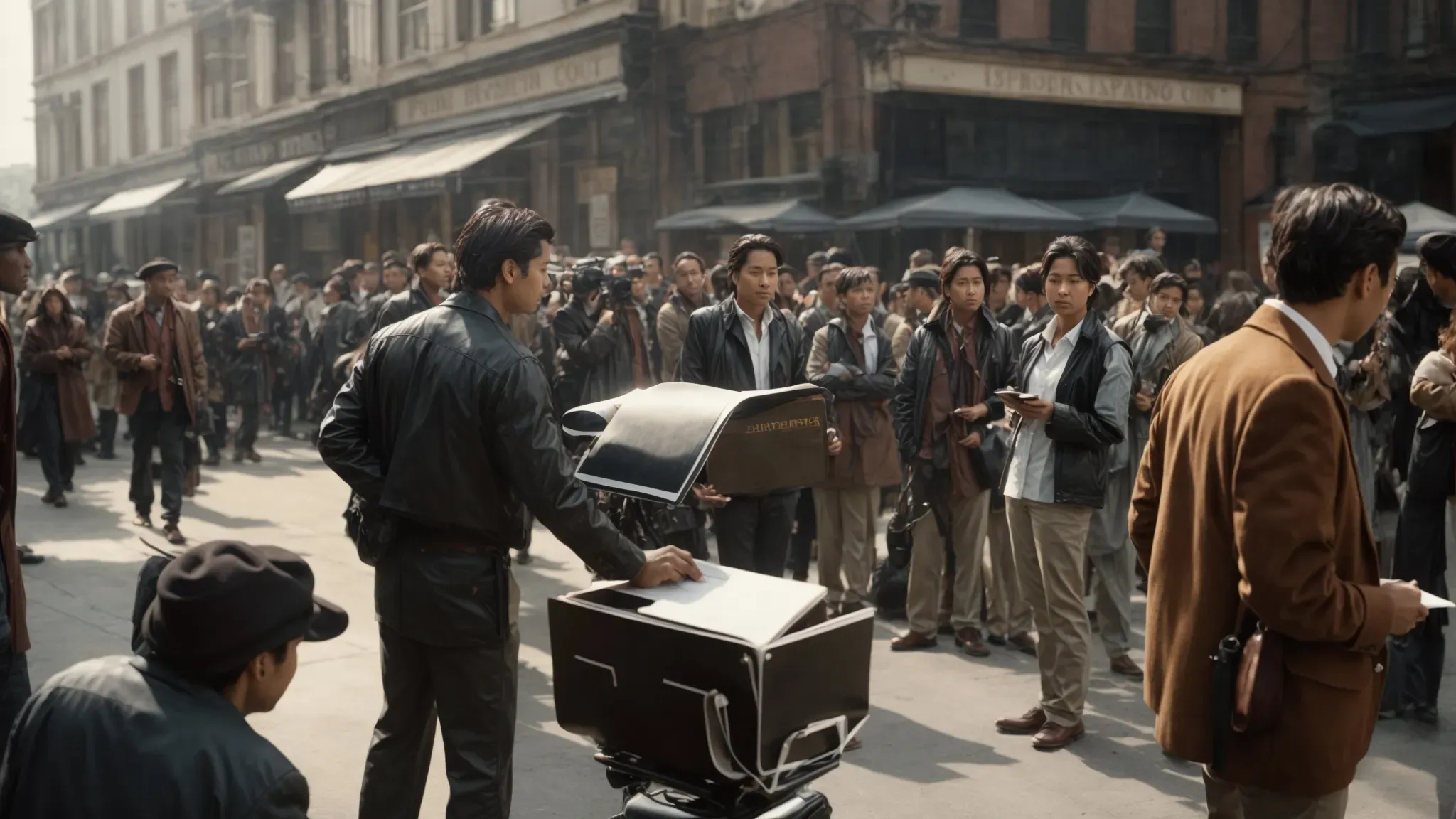 a film producer with a clipboard stands amidst actors on a bustling movie set.