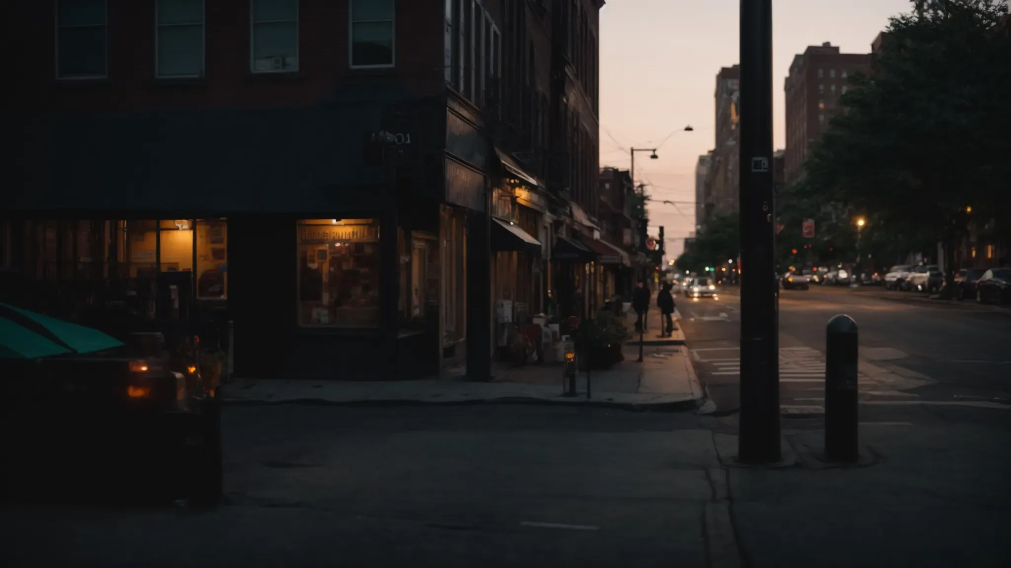 a dimly lit street corner in brooklyn at dusk, capturing the essence of an urban narrative.