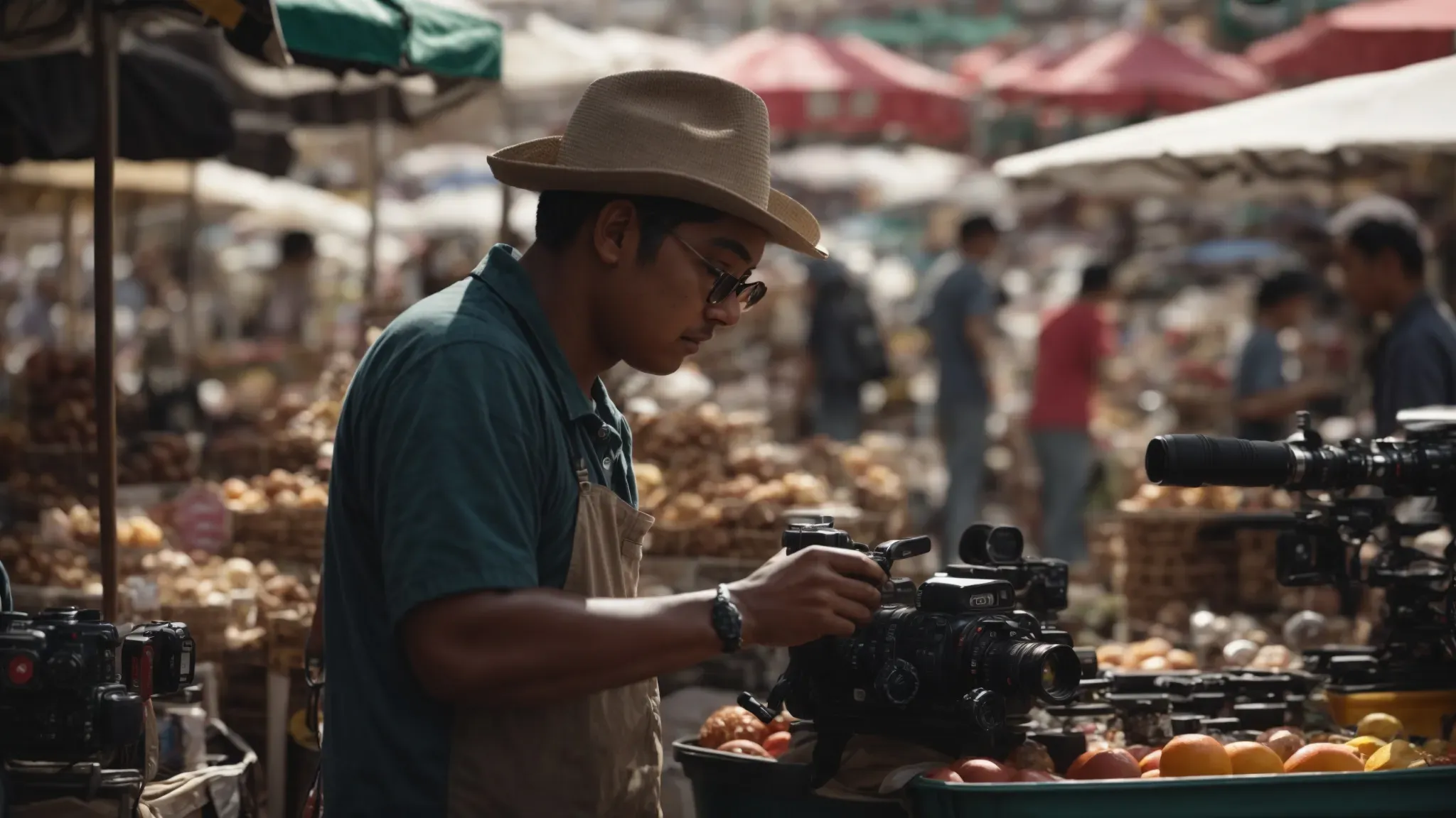 a filmmaker adjusting their camera setup in a bustling outdoor market, capturing life as it unfolds.