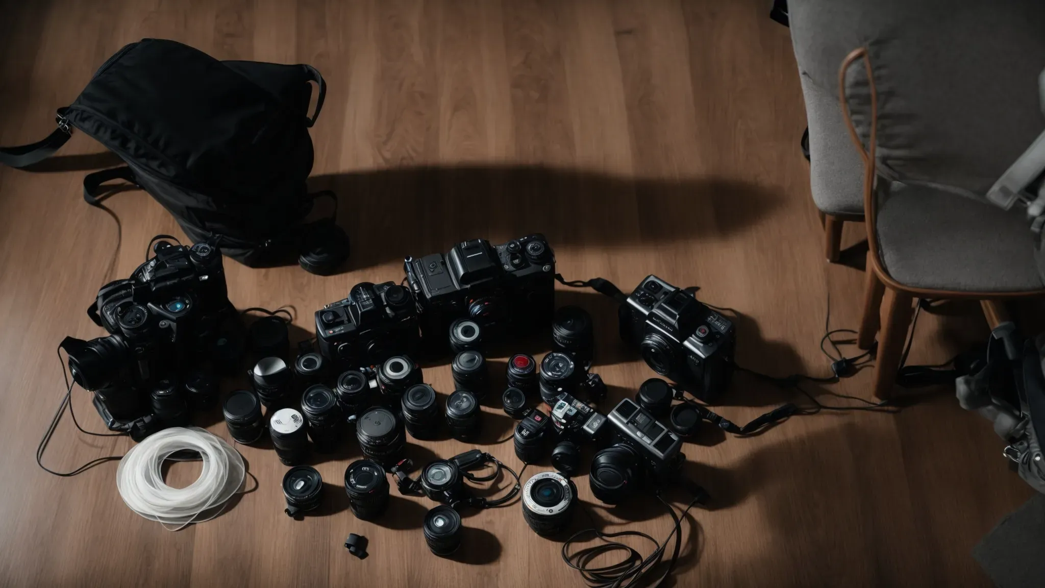 a photographer scrutinizes a plethora of camera equipment arrayed on a table, contemplating the optimal combination for the upcoming shoot.