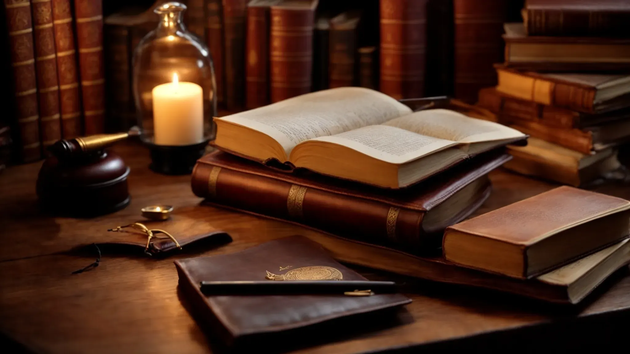a candlelit study filled with leather-bound books, a quill on an inkwell, and a parchment unrolled atop an ancient wooden desk.