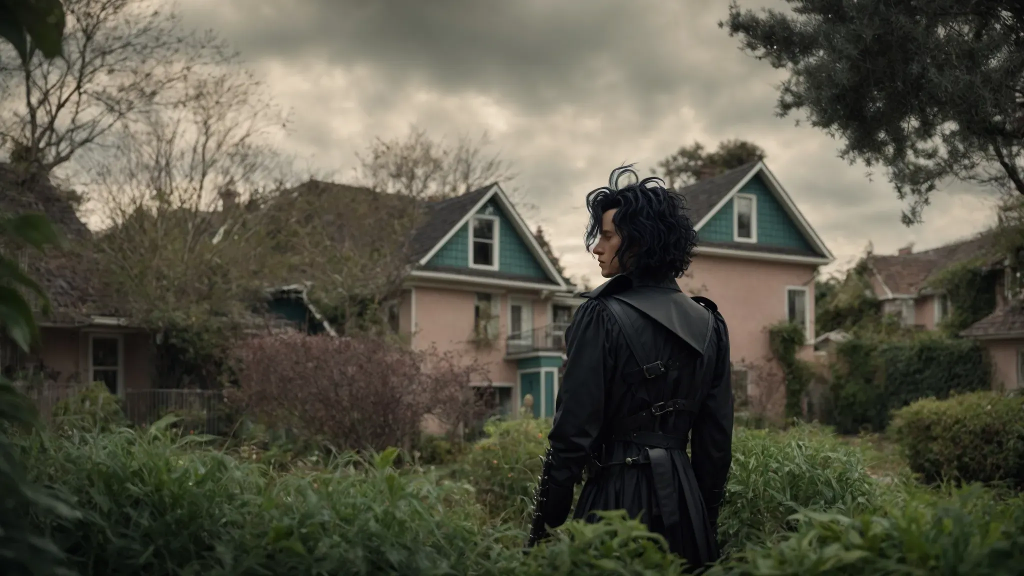 edward scissorhands stands alone in a whimsically overgrown garden, his silhouette framed by the sharp contrast of his dark figure against the soft pastel-hued houses of suburbia.