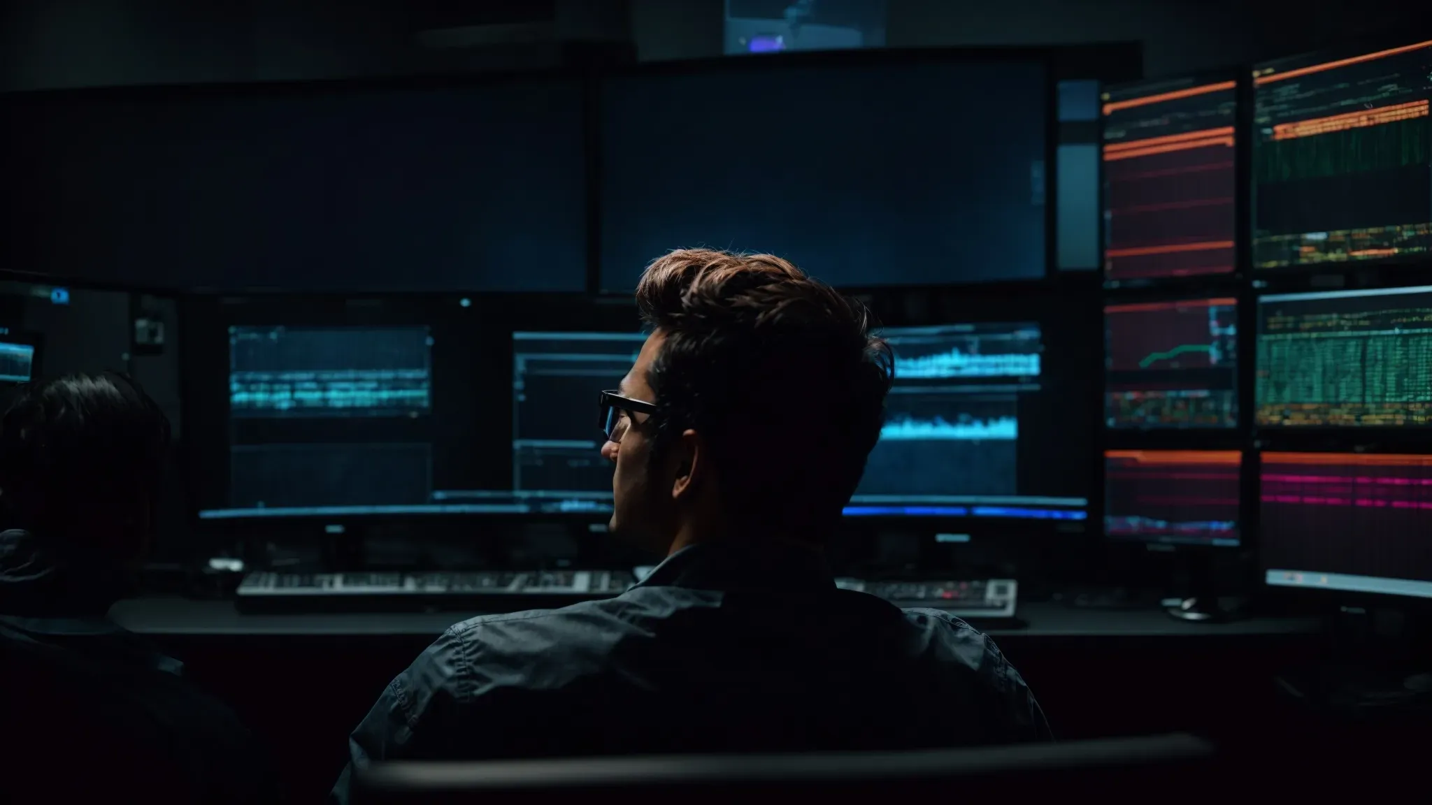 a filmmaker sits in a darkened editing suite, intently manipulating a colorful video timeline on a large professional monitor.