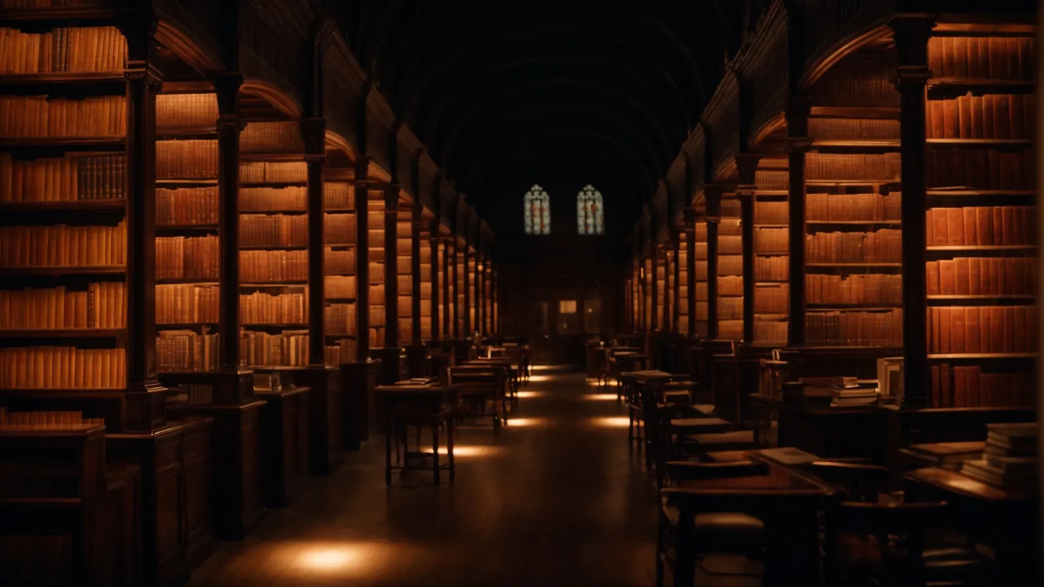 a vast library with ancient books under soft, colored lighting, with a shadowy figure lingering by the shelves.