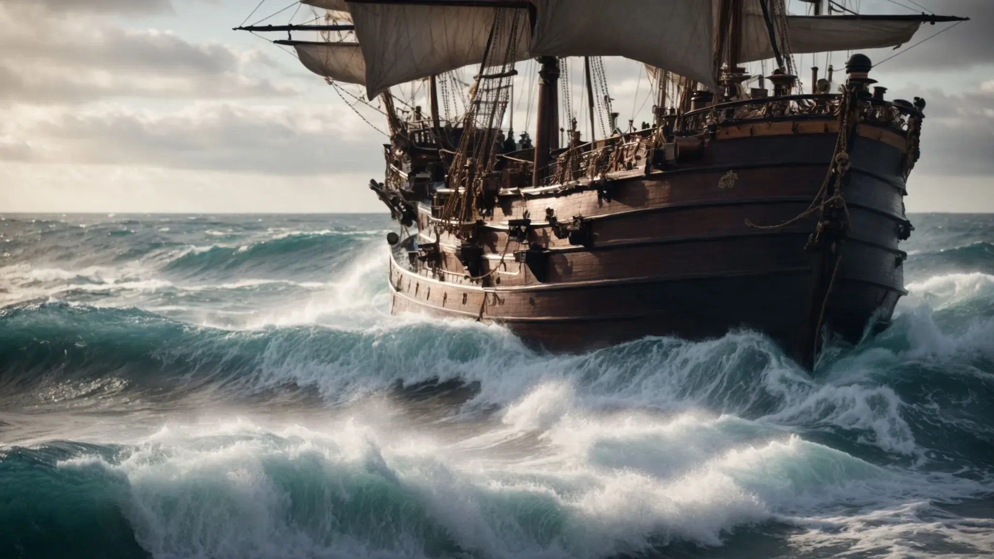 a grand pirate ship navigating turbulent ocean waves with the vast stretch of the horizon in the background.