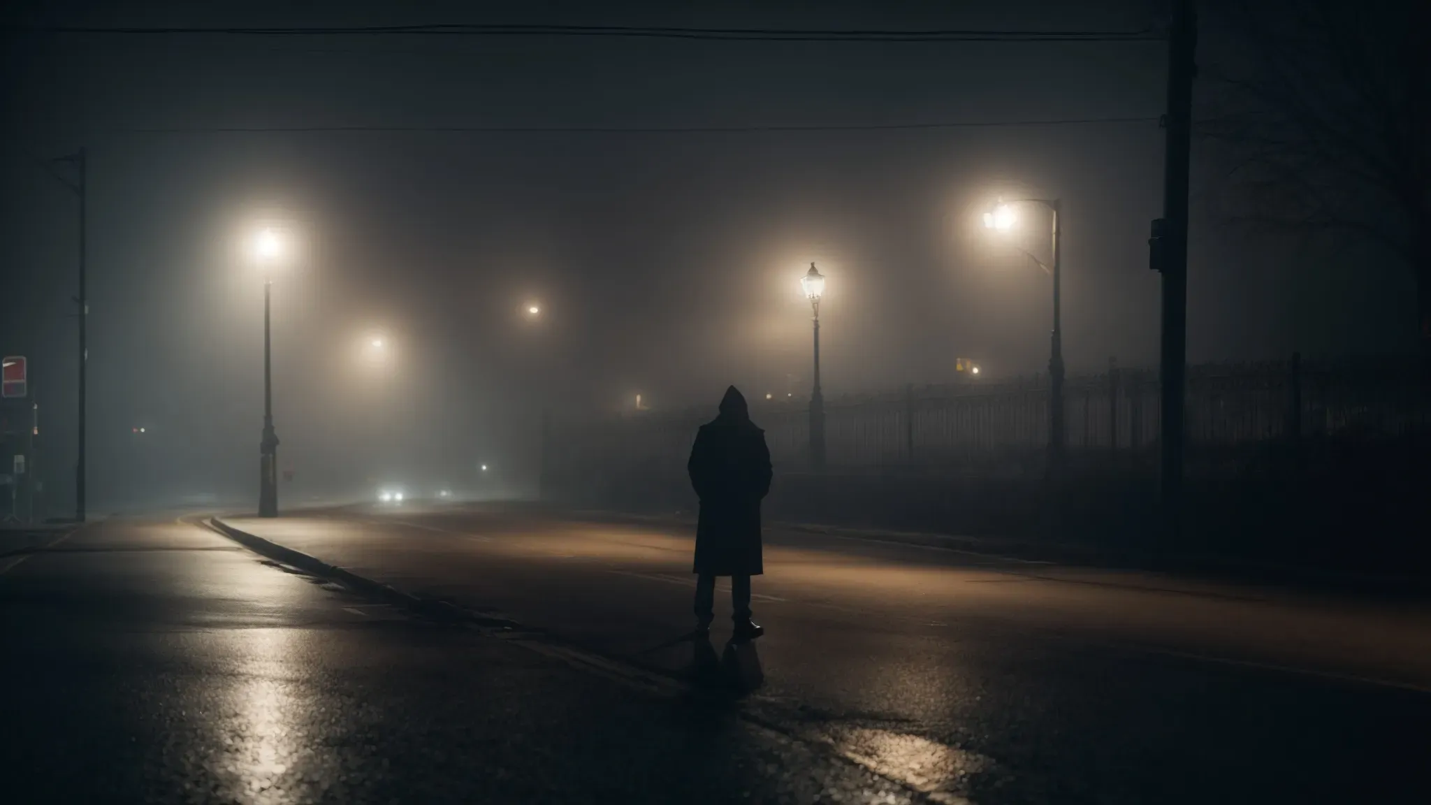 a shadowy figure stands under a streetlight on a foggy, desolate city street at night.