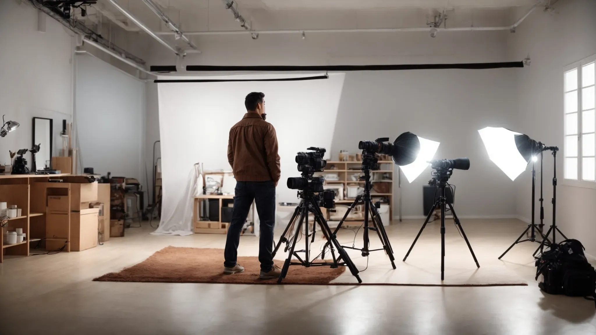 a photographer considers a spacious, well-lit studio with basic photographic equipment, reflecting on affordability and hidden fees.