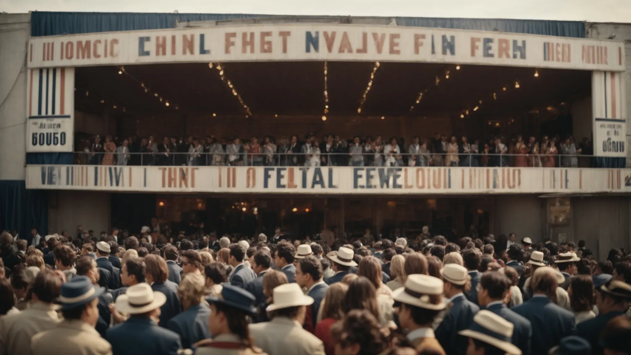 a vintage cinema marquee shines above a diverse crowd gathered for a french new wave film festival.