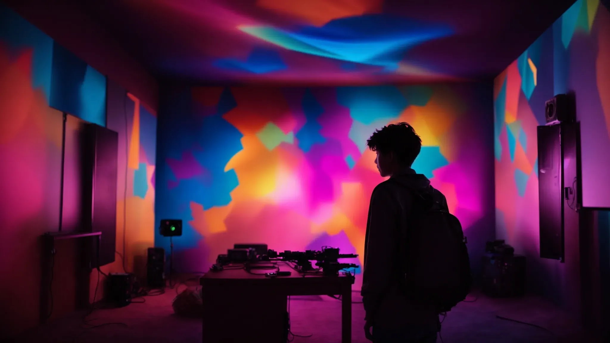 a projector casting the silhouette of a teenager against a backdrop of vibrant, color-saturated scenes.