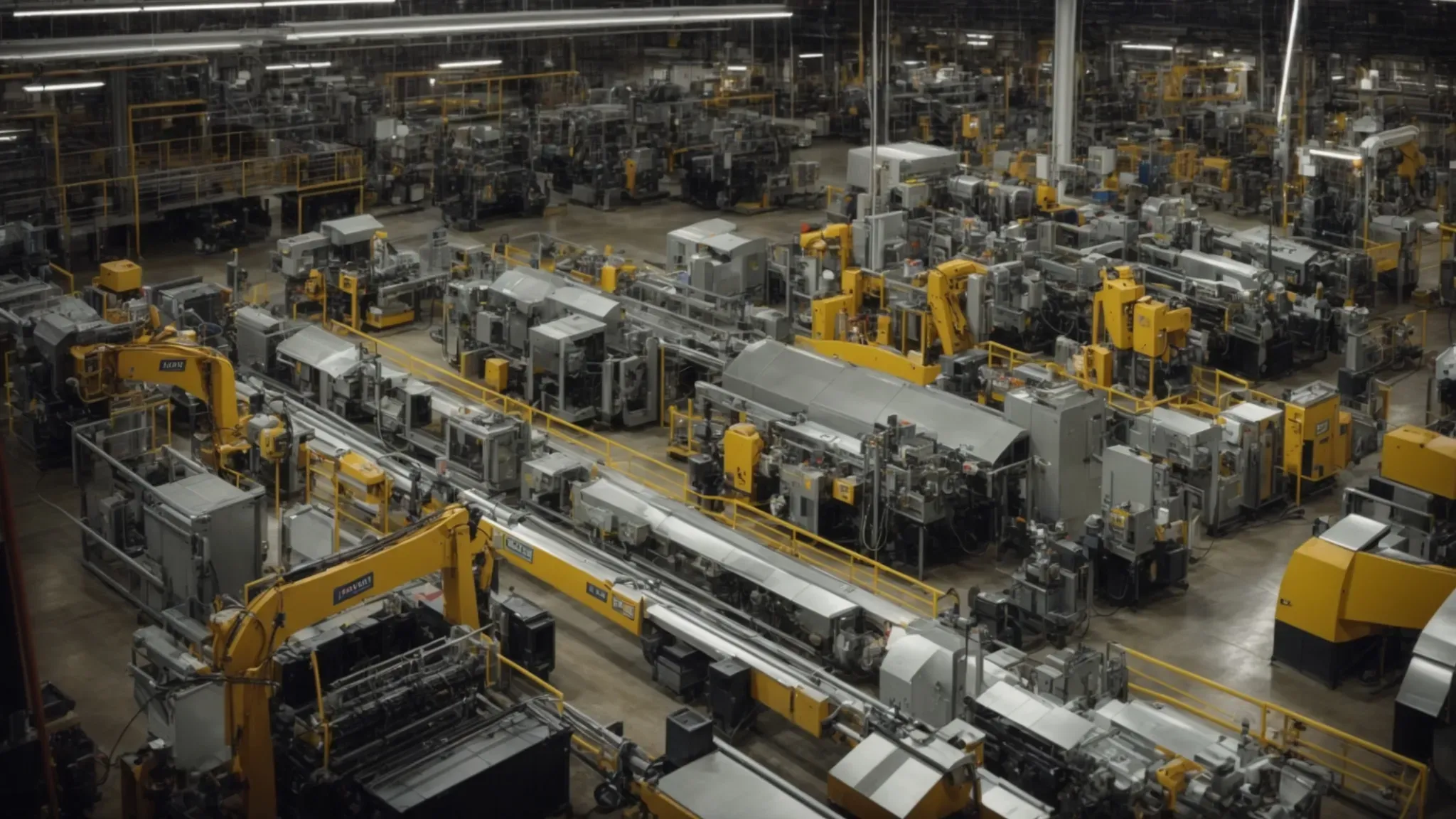 a busy factory floor with machines operating efficiently and workers monitoring production flows.