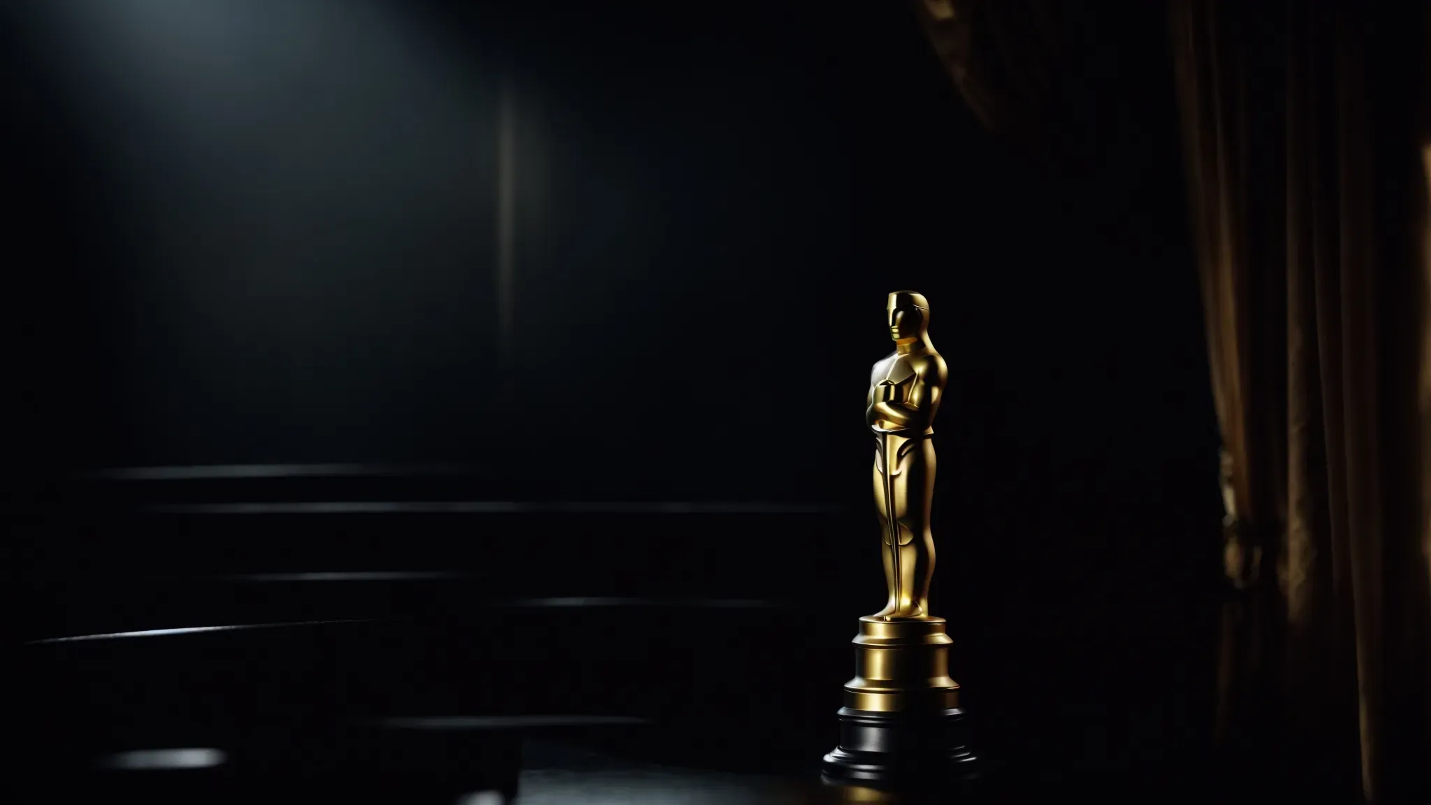a solitary oscar statuette shines spotlighted on a dark stage beside an unfurled screenplay.