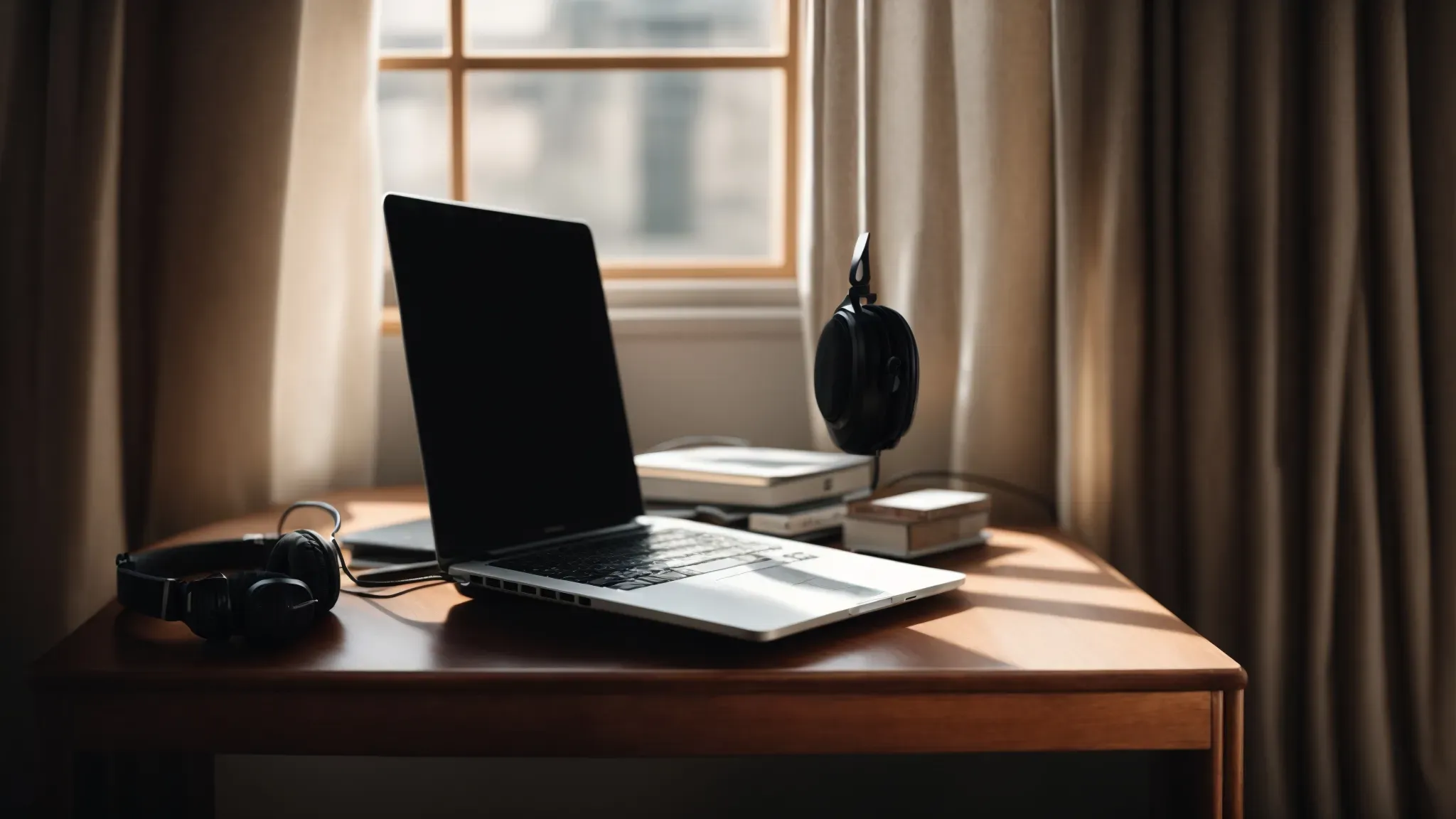 a simple desk with a microphone, headphones, and a laptop in a quiet corner of a room with a window draped with thick curtains.