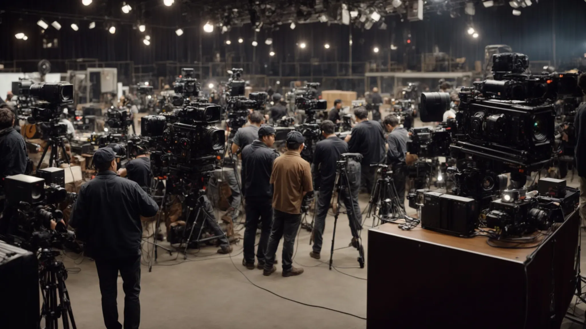 a bustling film set filled with cameras, lights, and technicians amidst constructed scenery.