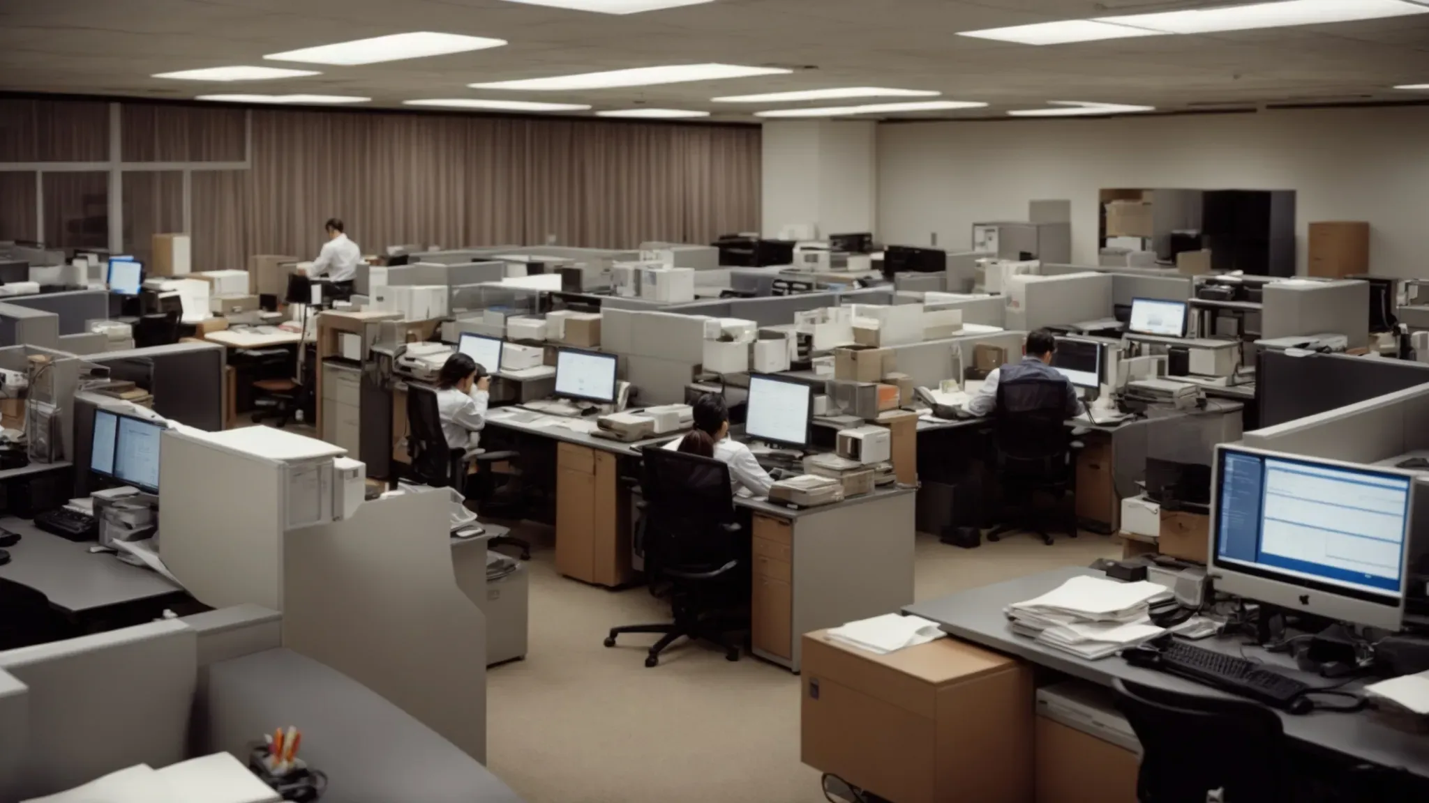 a bustling office space filled with desks, computers, and papers, highlighting a production team hard at work.