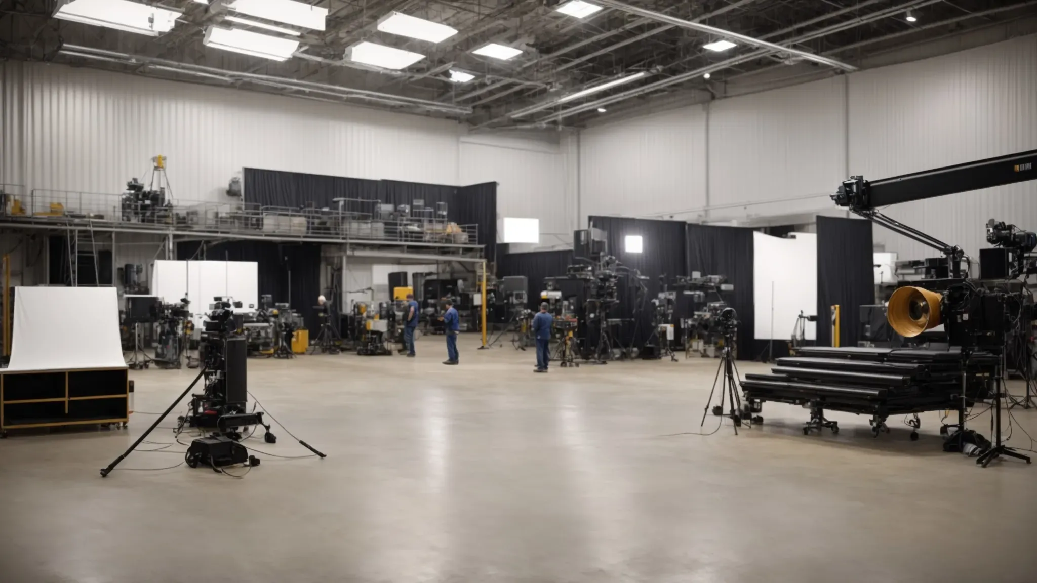 a vast, well-lit film studio with expansive space and cutting-edge equipment ready for a production set-up.