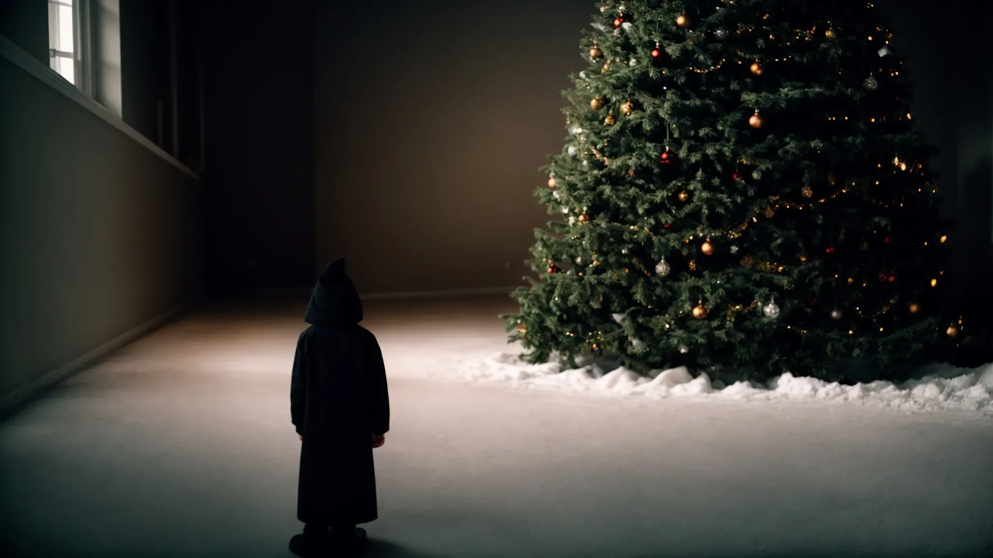 a christmas tree overshadowed by a sinister, shadowy figure.