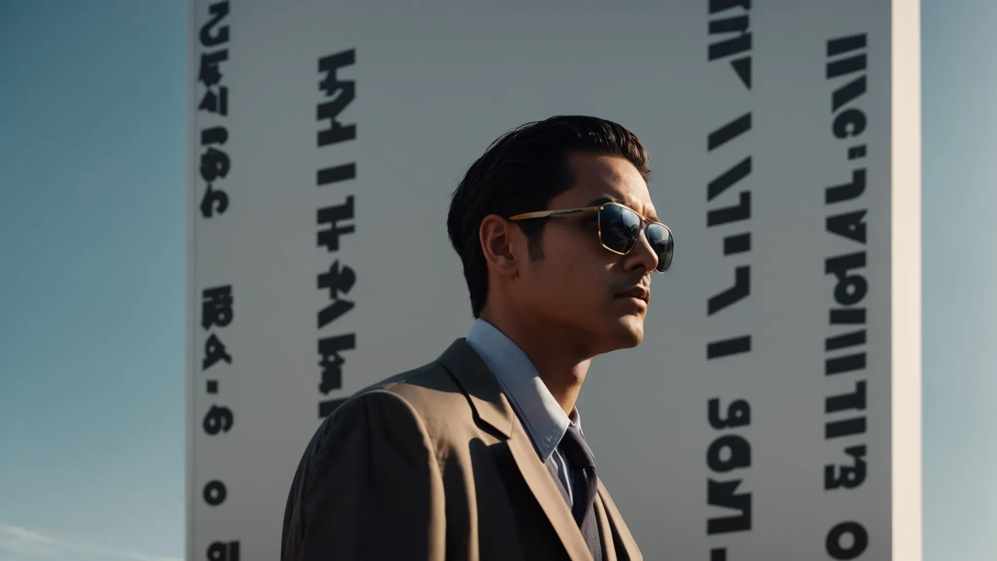 a man stands before a stark, imposing billboard, revealing hidden messages through special sunglasses.