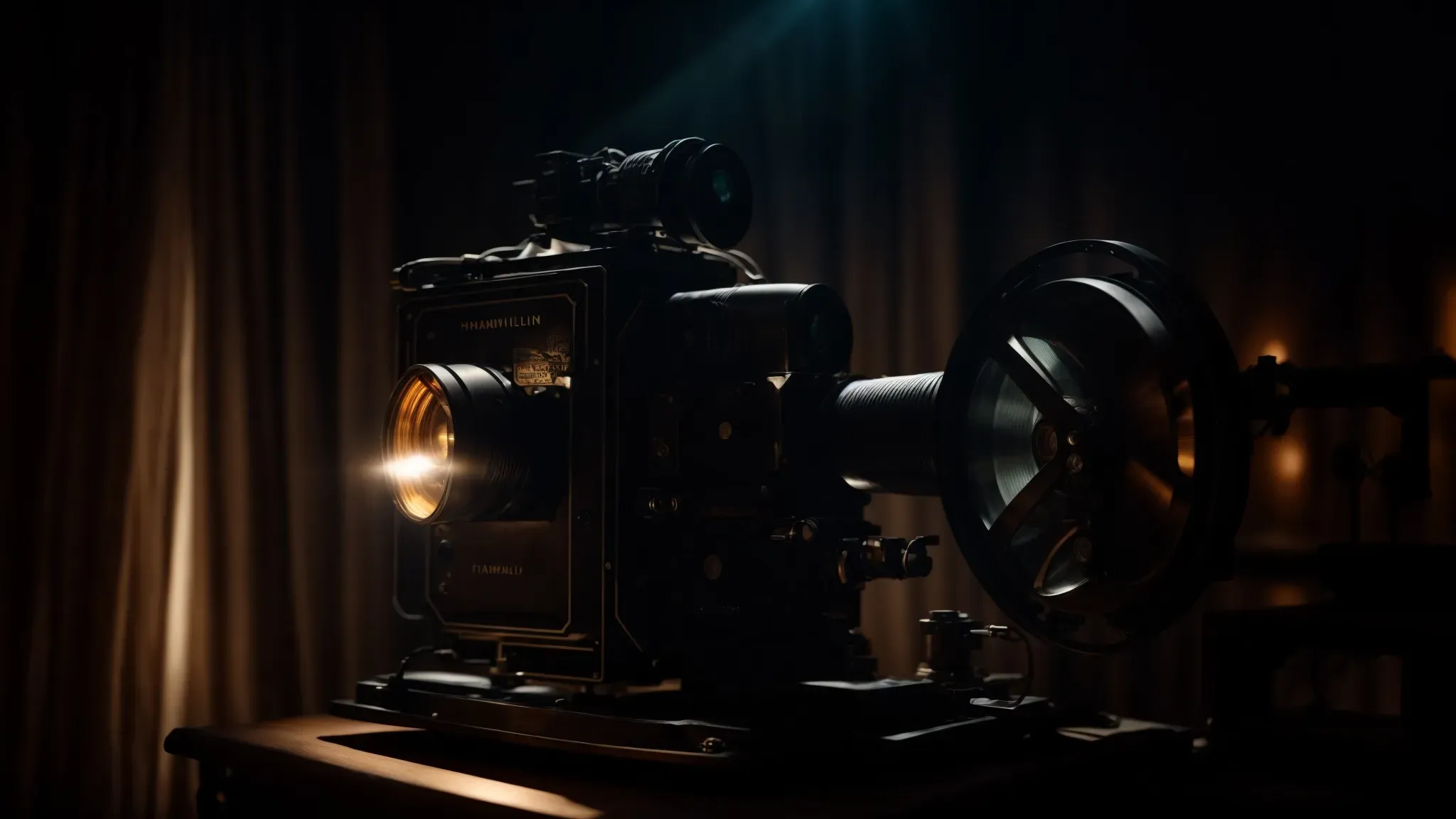 an antique film projector illuminated in a dark room, casting light on a backdrop featuring shadowy figures and dreamlike landscapes.
